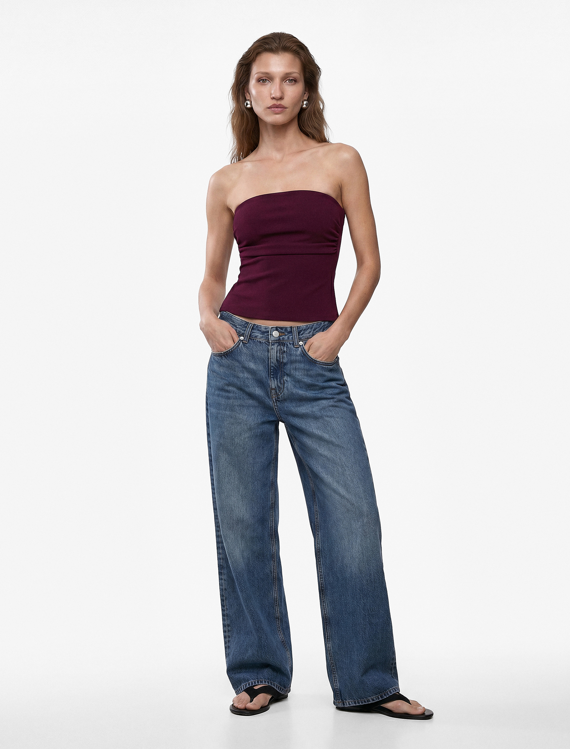   Slim Fit Bel Vurgulu Drape Detaylı Straplez Top