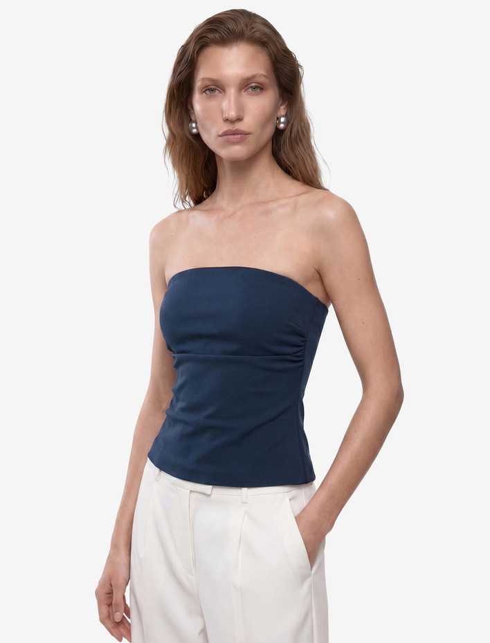 Slim Fit Bel Vurgulu Drape Detaylı Straplez Top