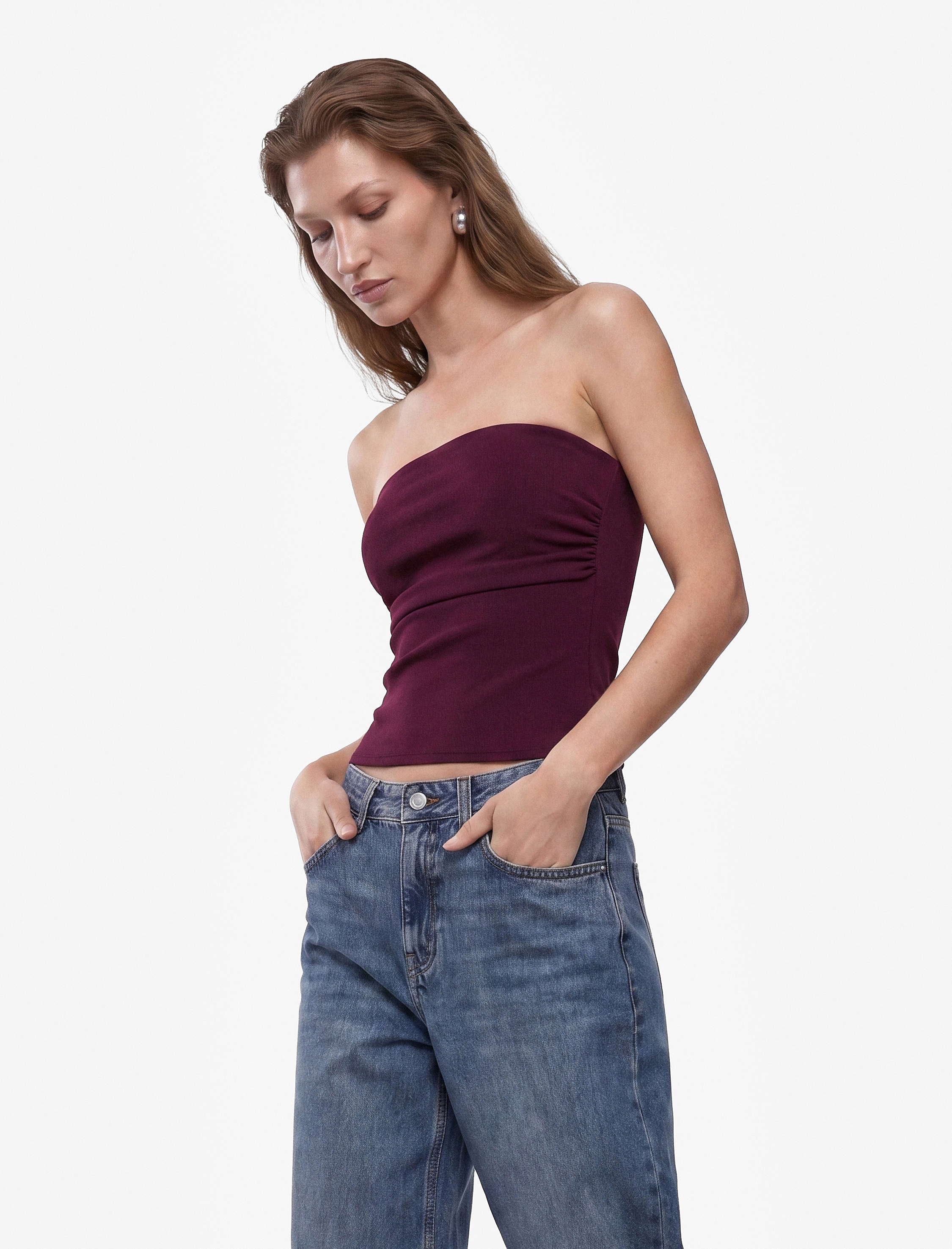   Slim Fit Bel Vurgulu Drape Detaylı Straplez Top