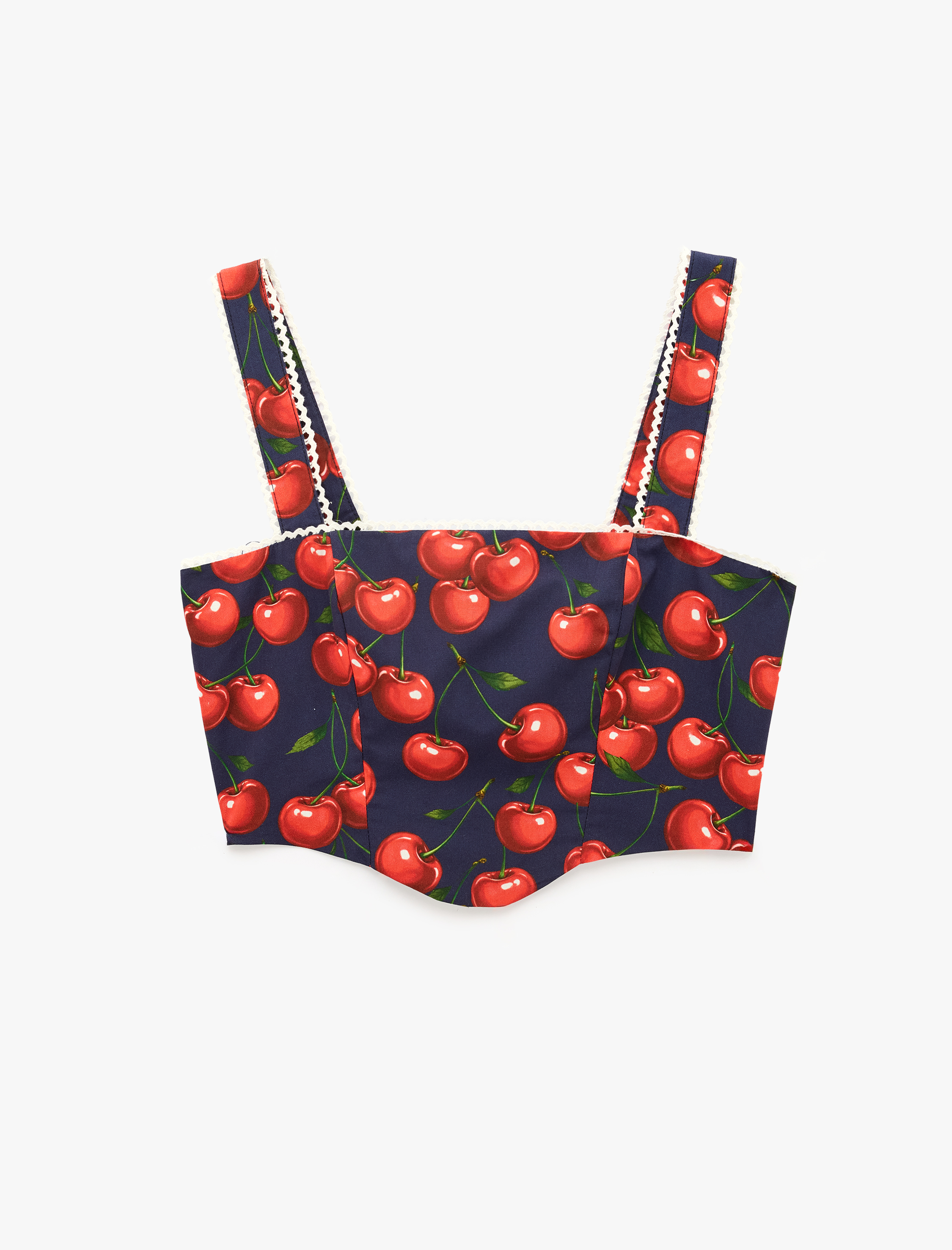   Koton X Sibil Çetinkaya -  Pamuklu Poplin Dantel Detaylı Kiraz Baskılı Askılı Crop Büstiyer