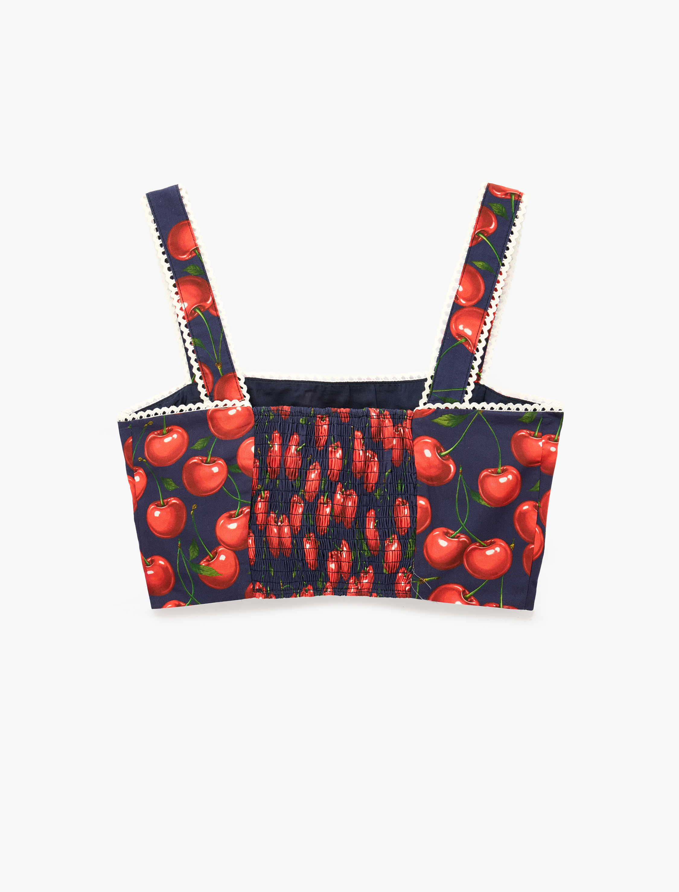   Koton X Sibil Çetinkaya -  Pamuklu Poplin Dantel Detaylı Kiraz Baskılı Askılı Crop Büstiyer