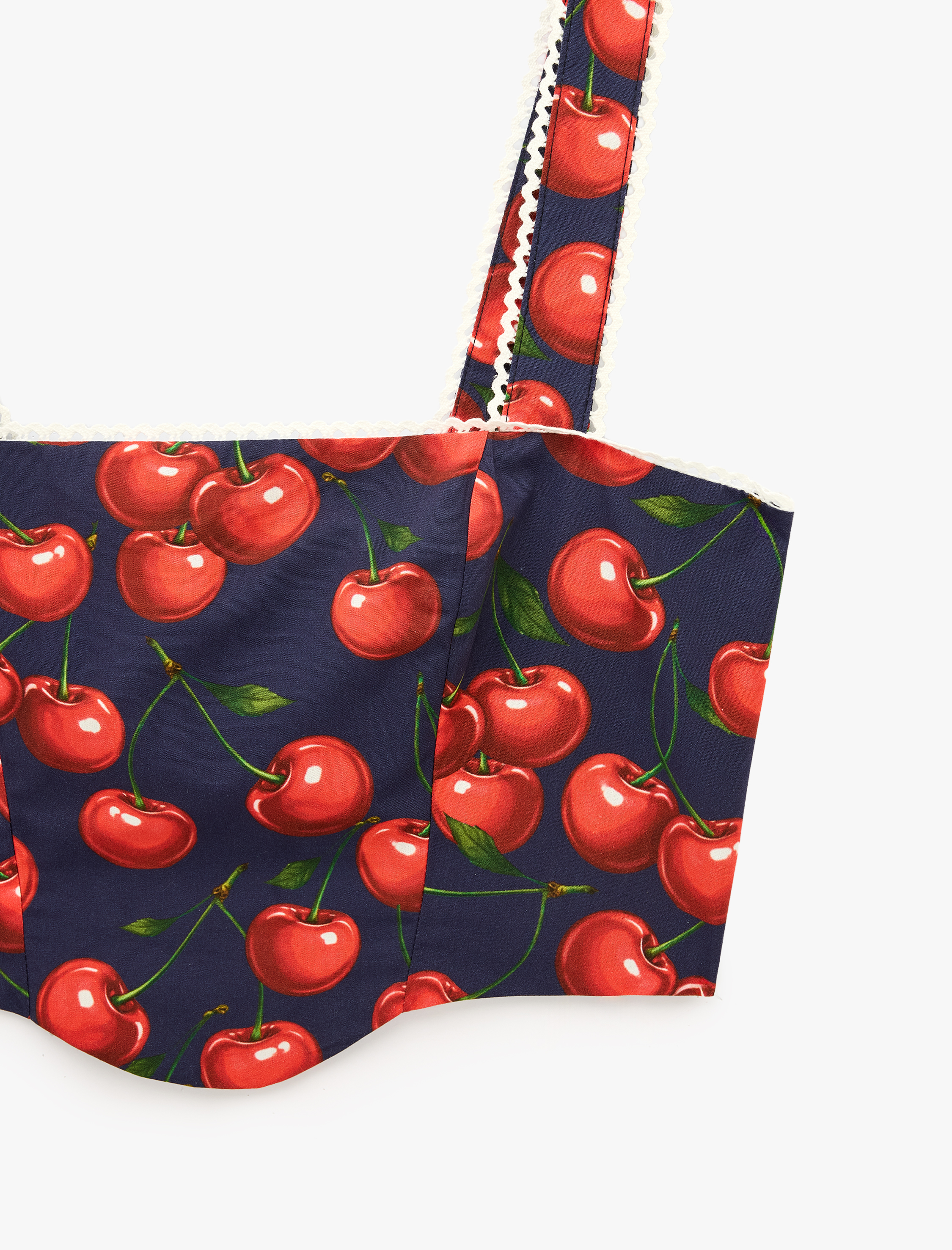   Koton X Sibil Çetinkaya -  Pamuklu Poplin Dantel Detaylı Kiraz Baskılı Askılı Crop Büstiyer