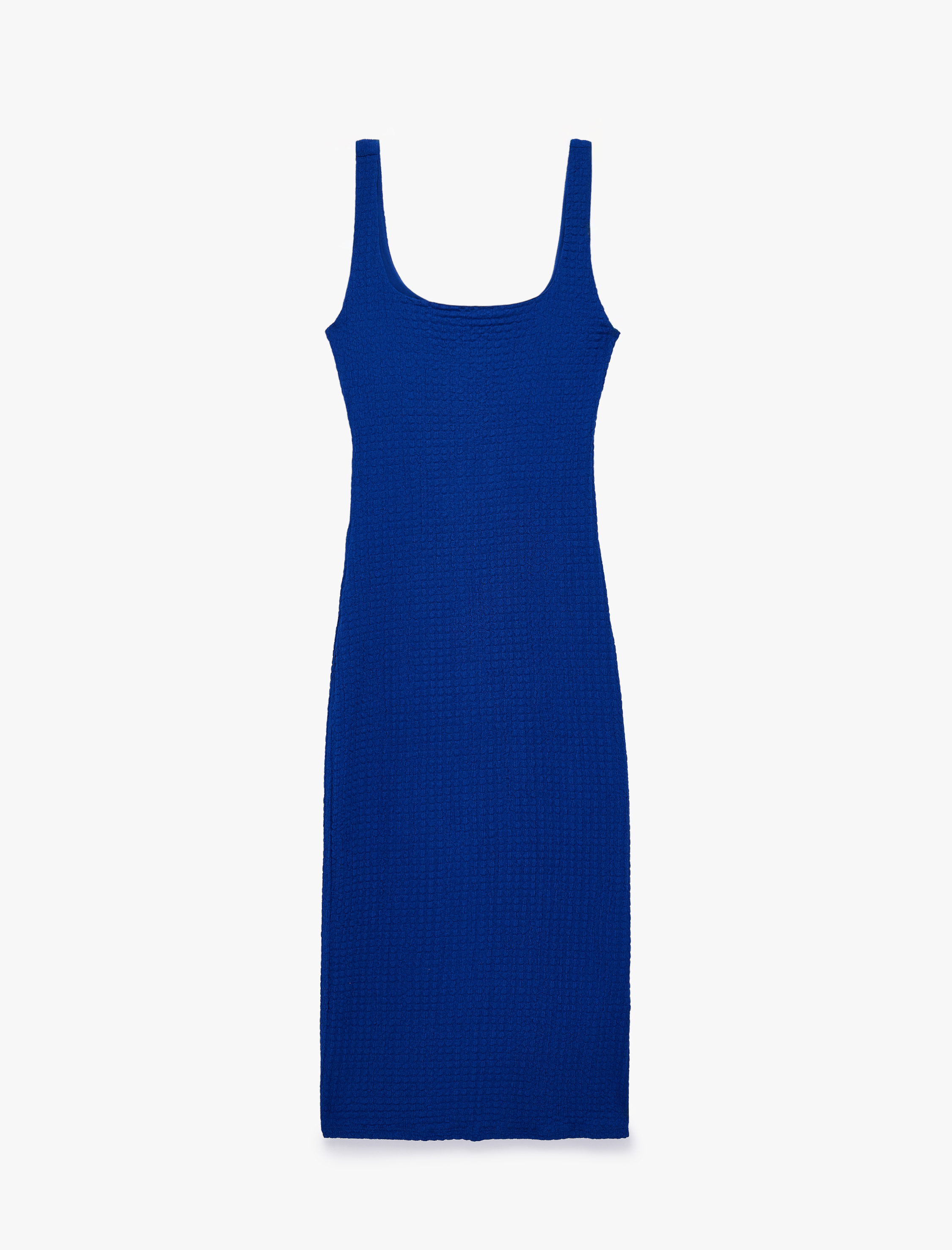   Koton X Sibil Çetinkaya - Kare Yaka Kalın Askılı Dokulu Kobalt Mavi Bodycon Elbise