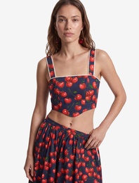 Koton X Sibil Çetinkaya -  Pamuklu Poplin Dantel Detaylı Kiraz Baskılı Askılı Crop Büstiyer