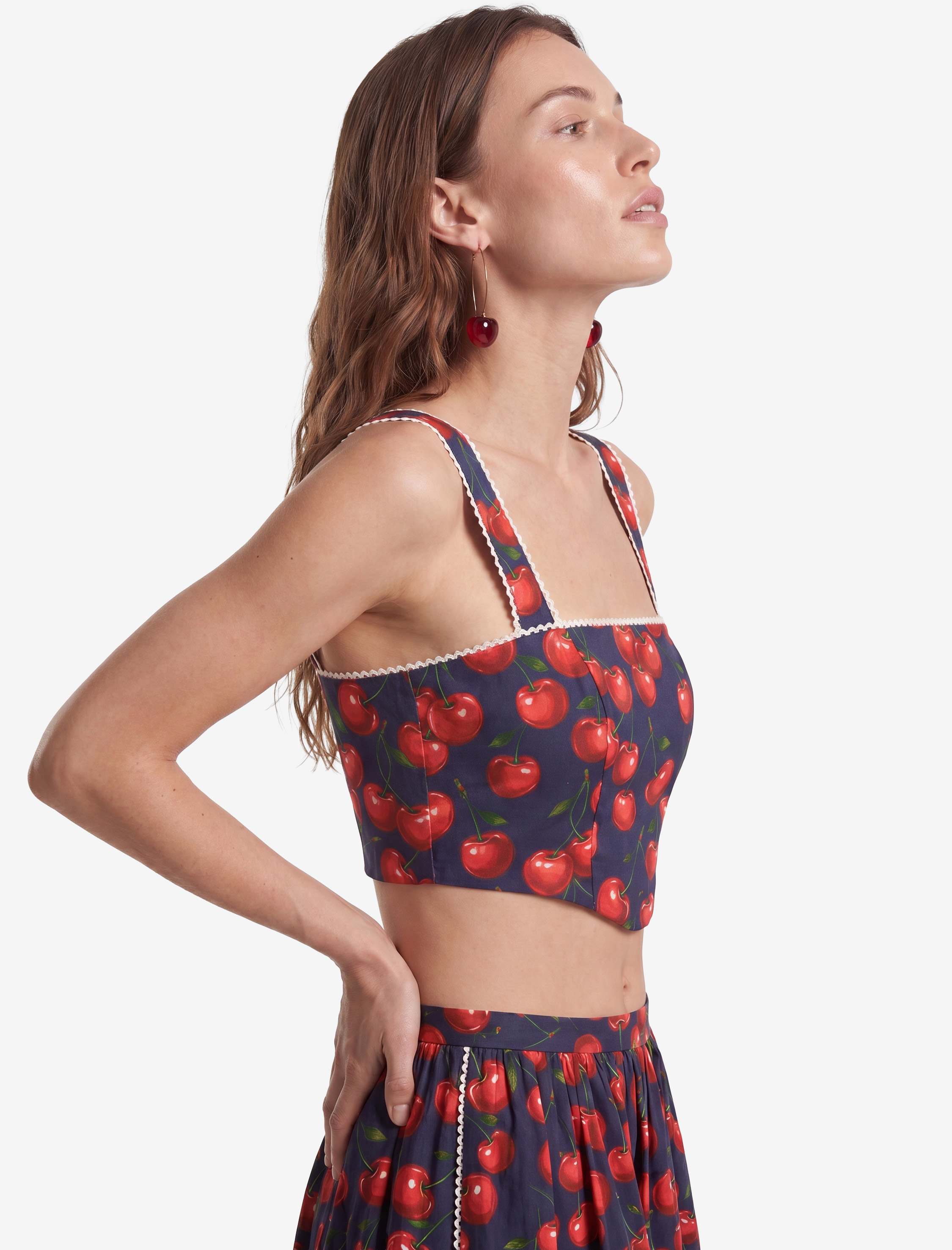   Koton X Sibil Çetinkaya -  Pamuklu Poplin Dantel Detaylı Kiraz Baskılı Askılı Crop Büstiyer
