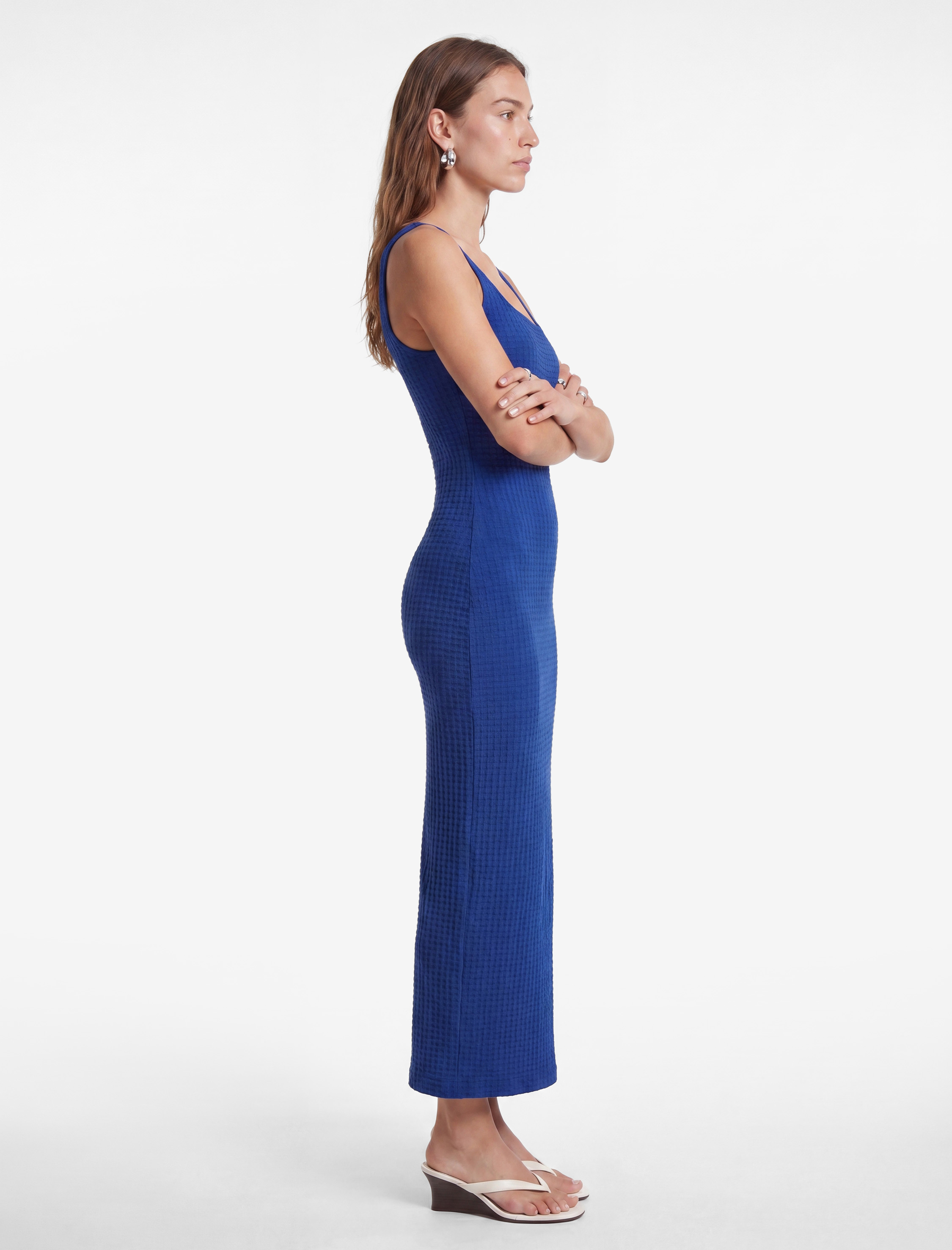   Koton X Sibil Çetinkaya - Kare Yaka Kalın Askılı Dokulu Kobalt Mavi Bodycon Elbise