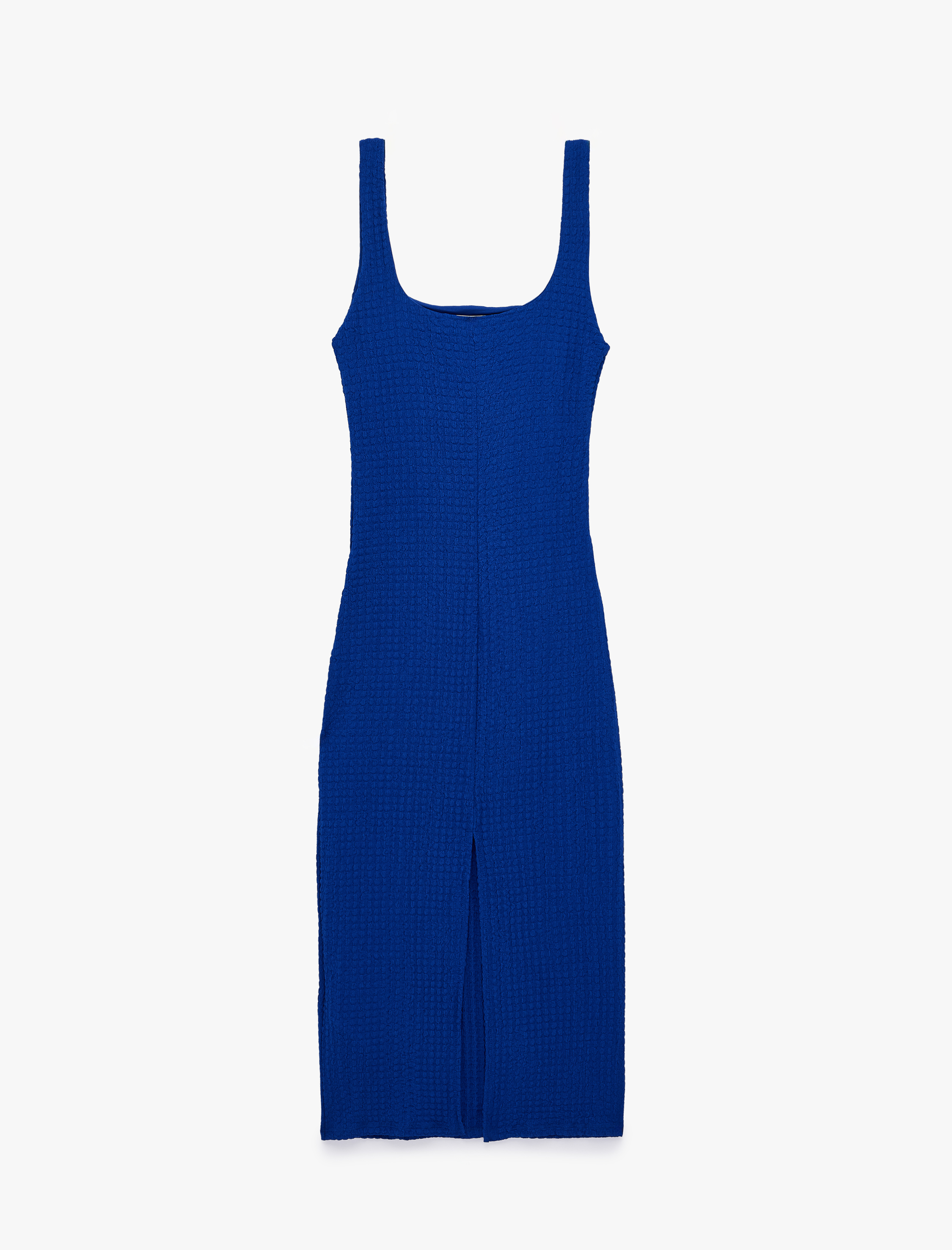   Koton X Sibil Çetinkaya - Kare Yaka Kalın Askılı Dokulu Kobalt Mavi Bodycon Elbise