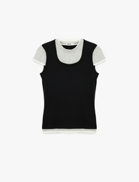 Slim Fit Bisiklet Yaka Katmanlı Viskon Karışımlı Kısa Kollu Tişört