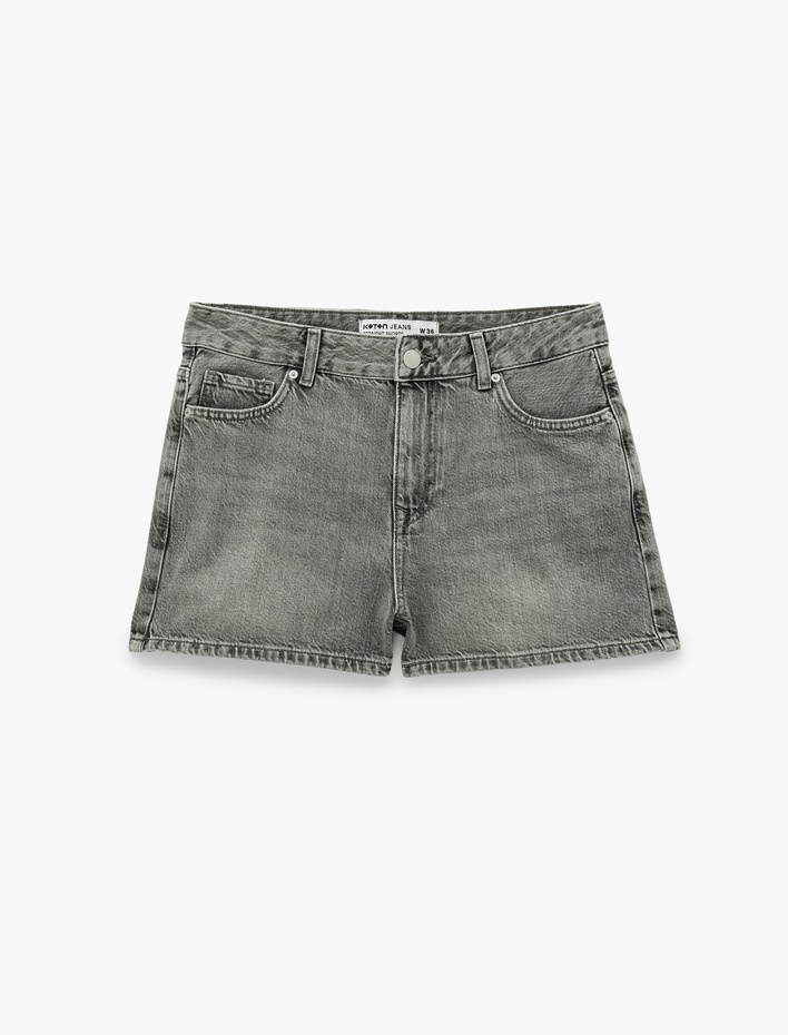 Pamuklu Regular Fit Cepli Düğmeli Yıkamalı Mini Denim Şort