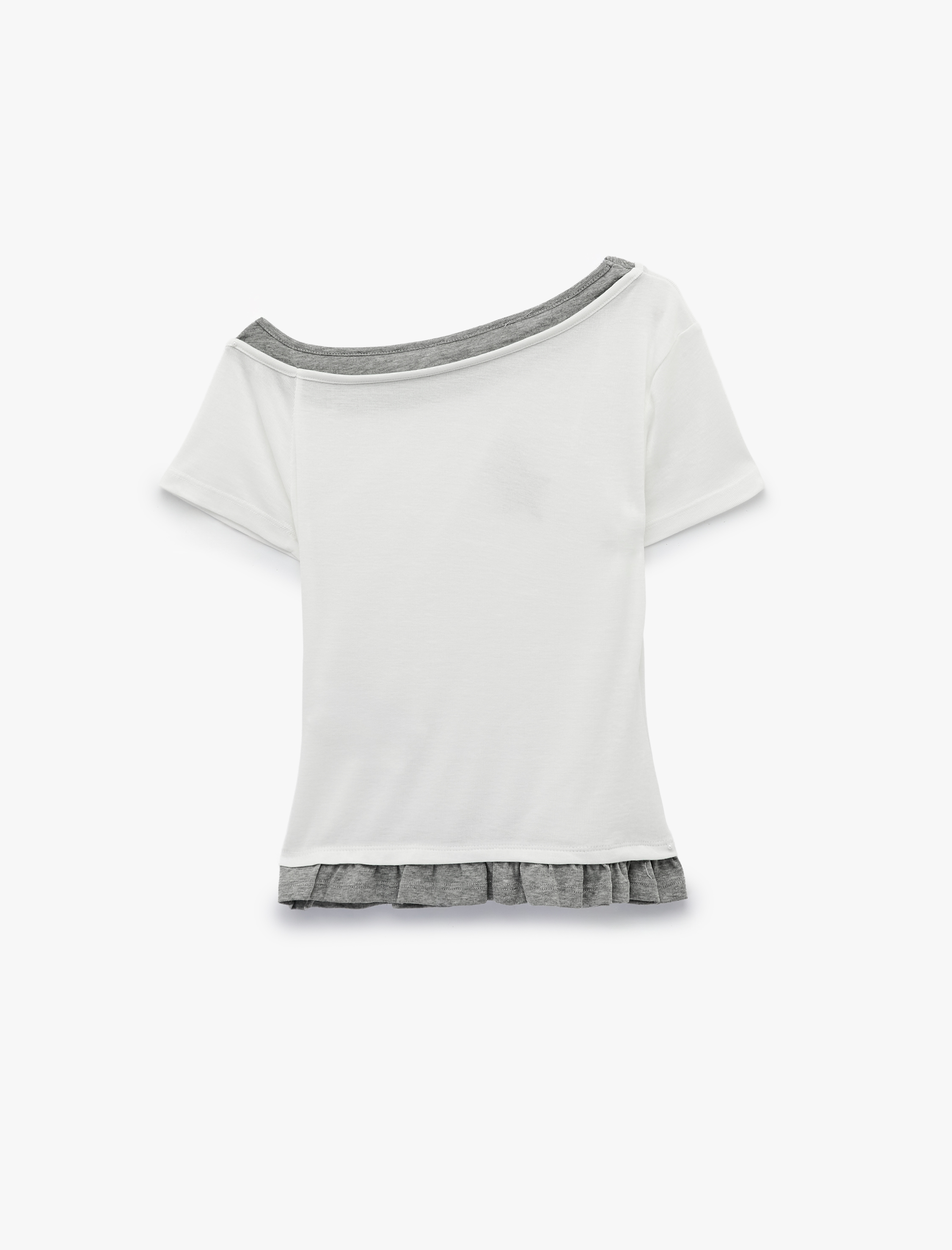   Asimetrik Kayık Yaka Baskılı Slim Fit Kısa Kollu Fırfırlı İkili Tişört