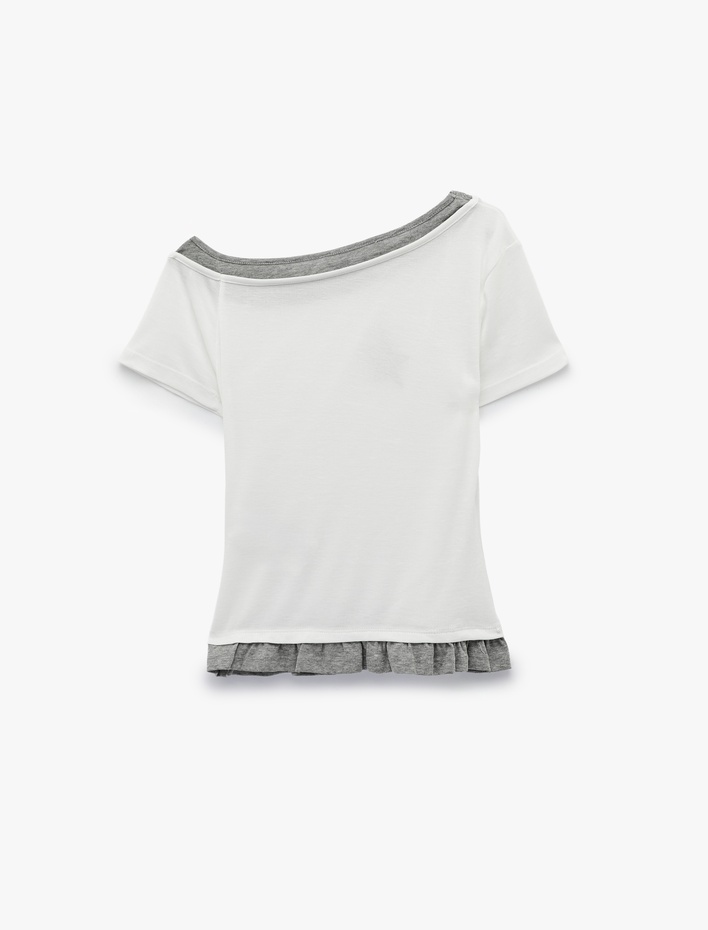  Asimetrik Kayık Yaka Baskılı Slim Fit Kısa Kollu Fırfırlı İkili Tişört