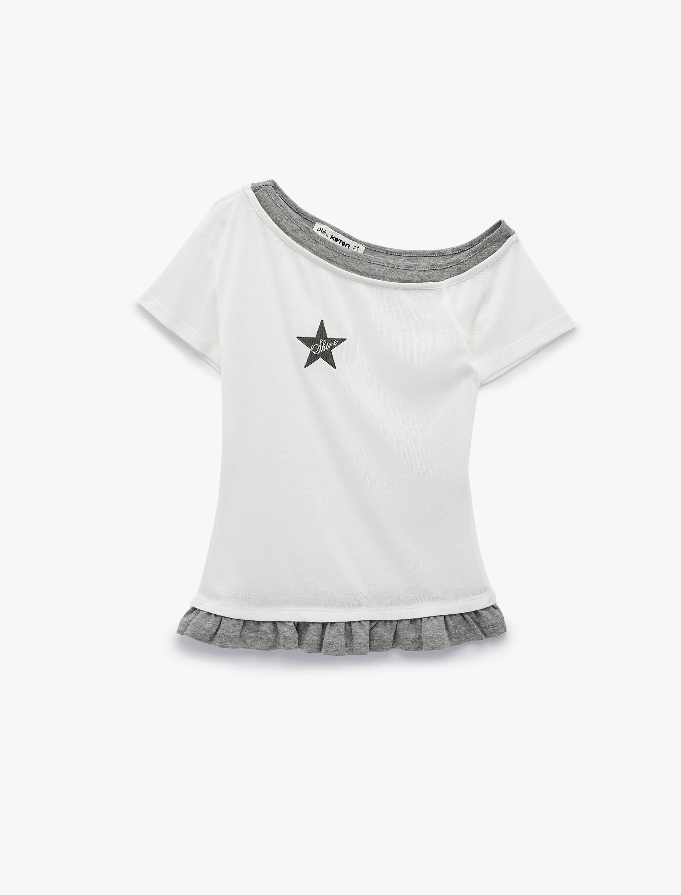   Asimetrik Kayık Yaka Baskılı Slim Fit Kısa Kollu Fırfırlı İkili Tişört