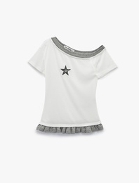Asimetrik Kayık Yaka Baskılı Slim Fit Kısa Kollu Fırfırlı İkili Tişört