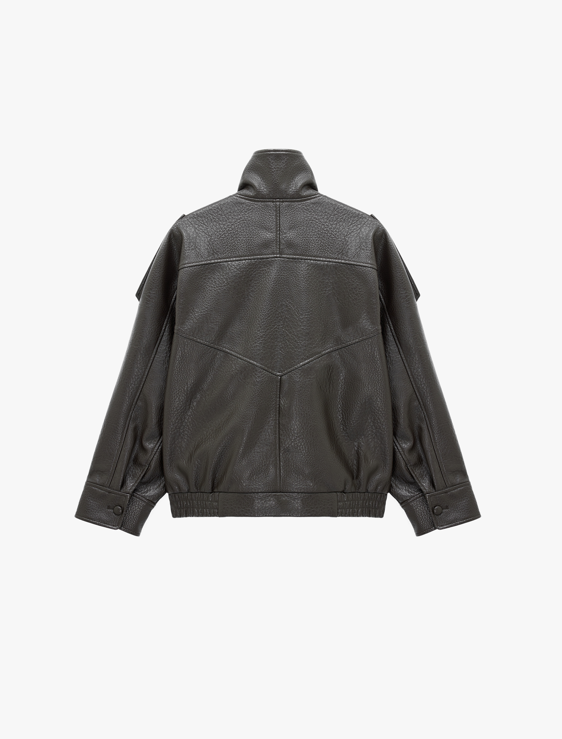  Uzun Kollu Fermuarlı Dik Yaka Kruvaze Oversize Suni Deri Vintage Ceket
