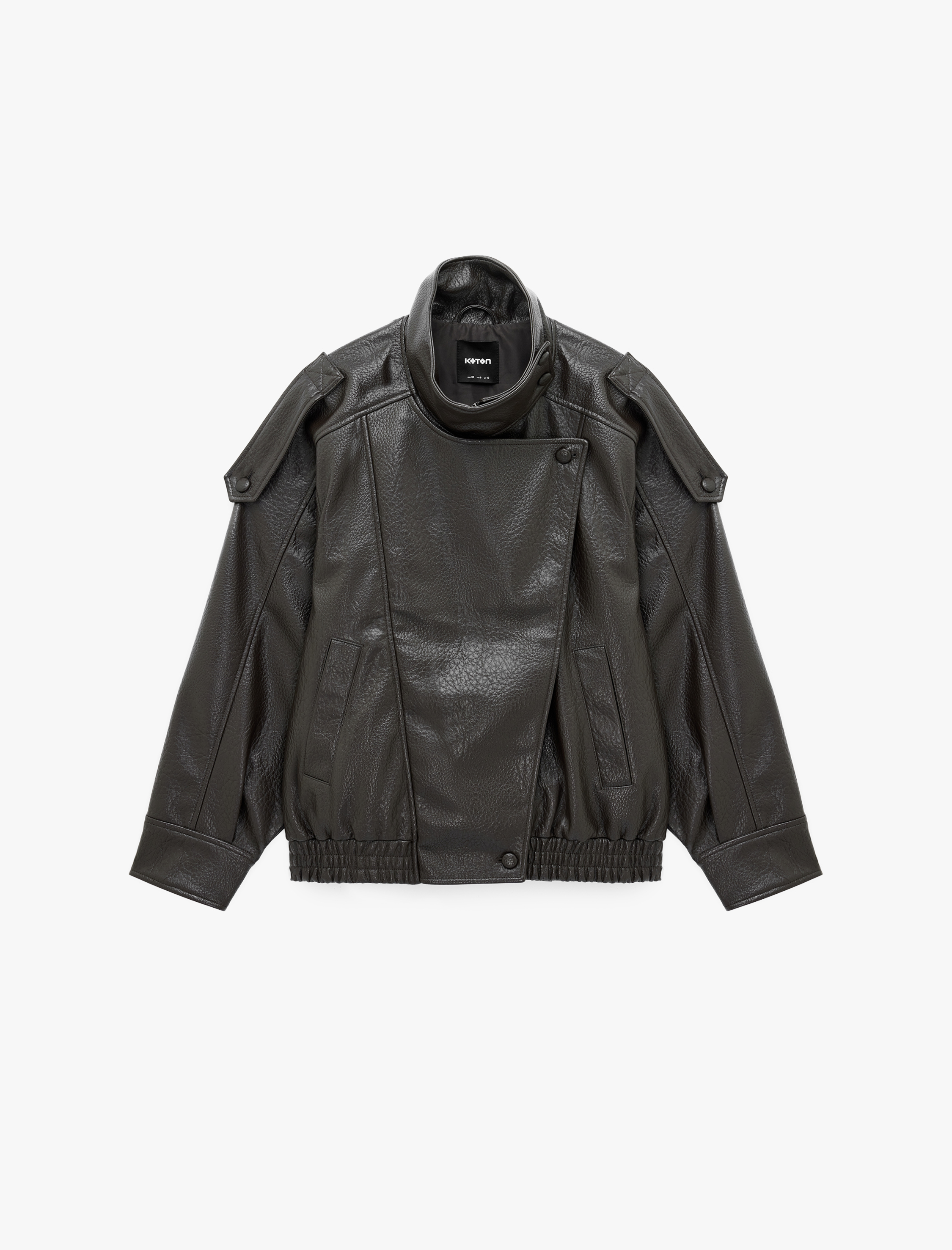   Uzun Kollu Fermuarlı Dik Yaka Kruvaze Oversize Suni Deri Vintage Ceket