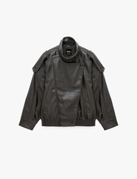 Uzun Kollu Fermuarlı Dik Yaka Kruvaze Oversize Suni Deri Vintage Ceket