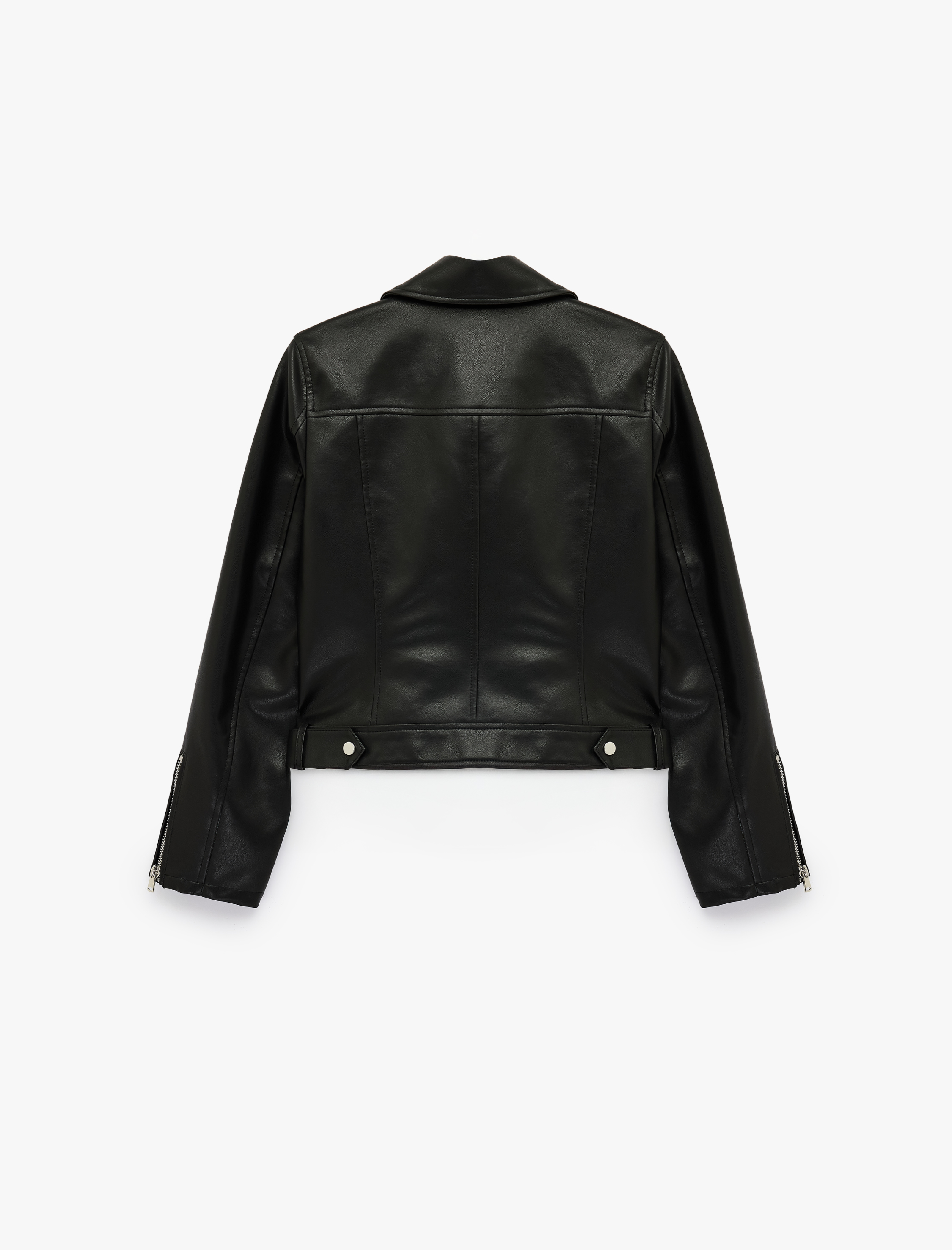  Uzun Kollu Fermuar Detaylı Suni Deri Crop Biker Ceket