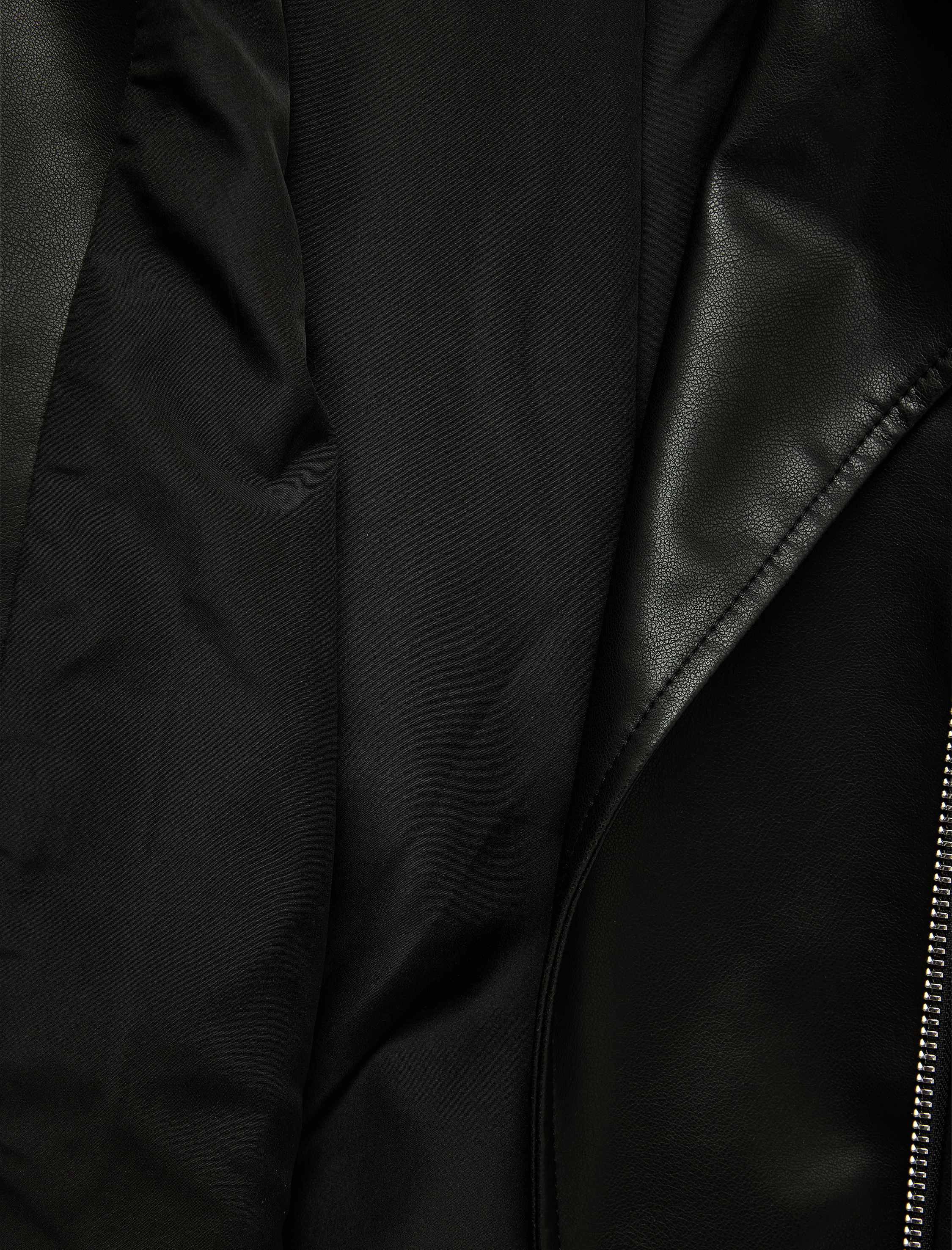   Uzun Kollu Fermuar Detaylı Suni Deri Crop Biker Ceket