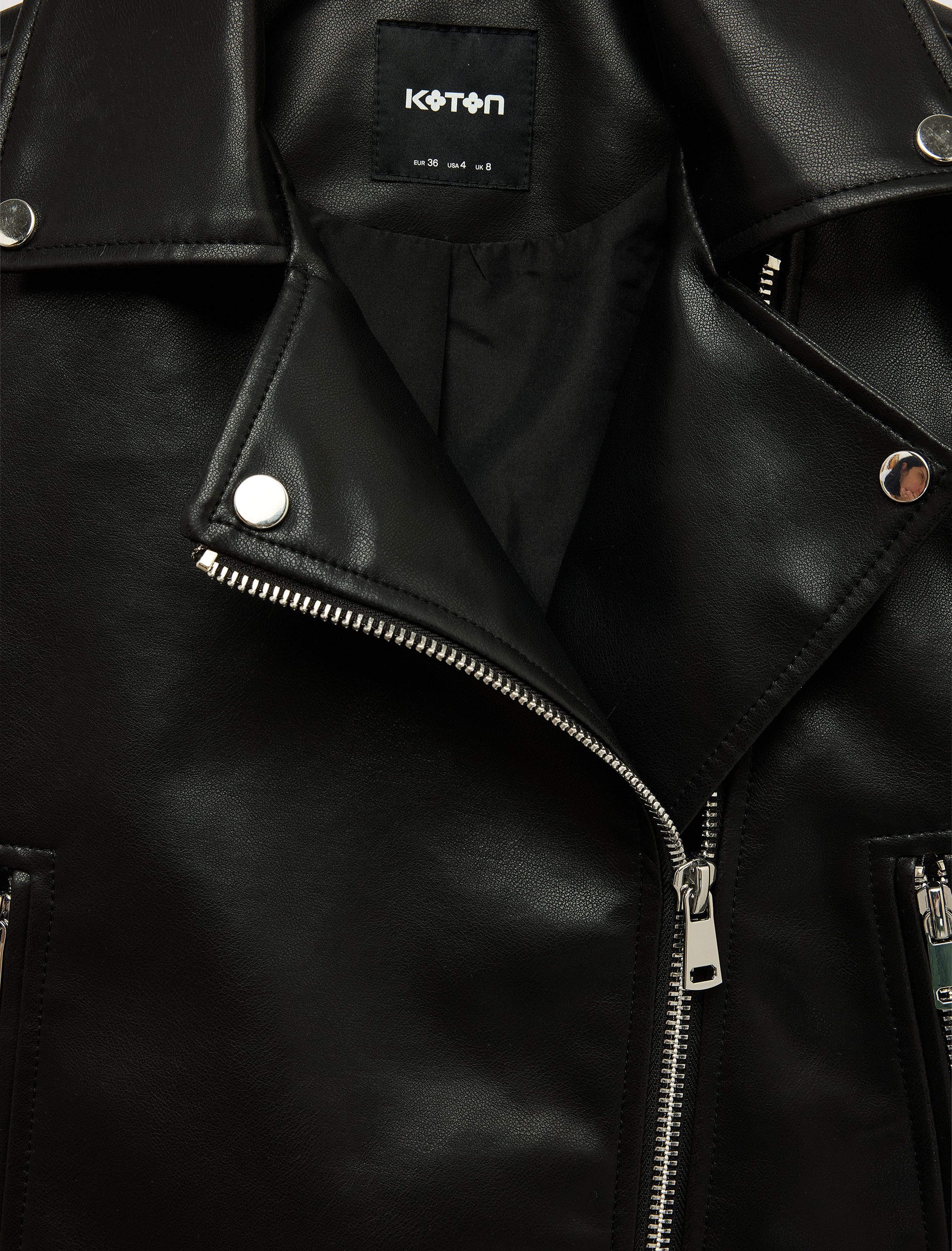   Uzun Kollu Fermuar Detaylı Suni Deri Crop Biker Ceket