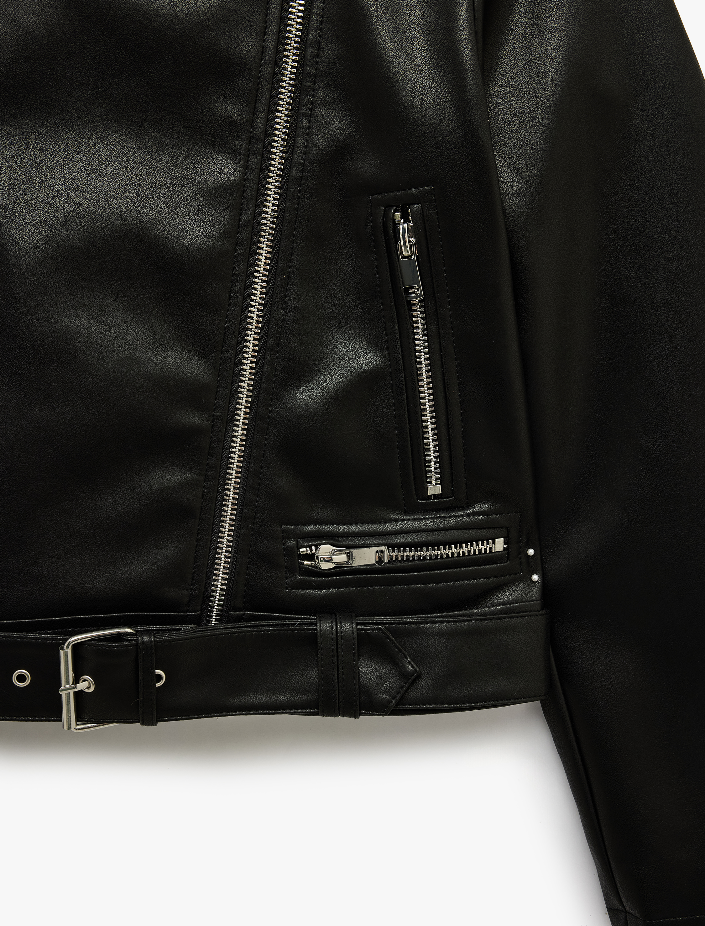   Uzun Kollu Fermuar Detaylı Suni Deri Crop Biker Ceket