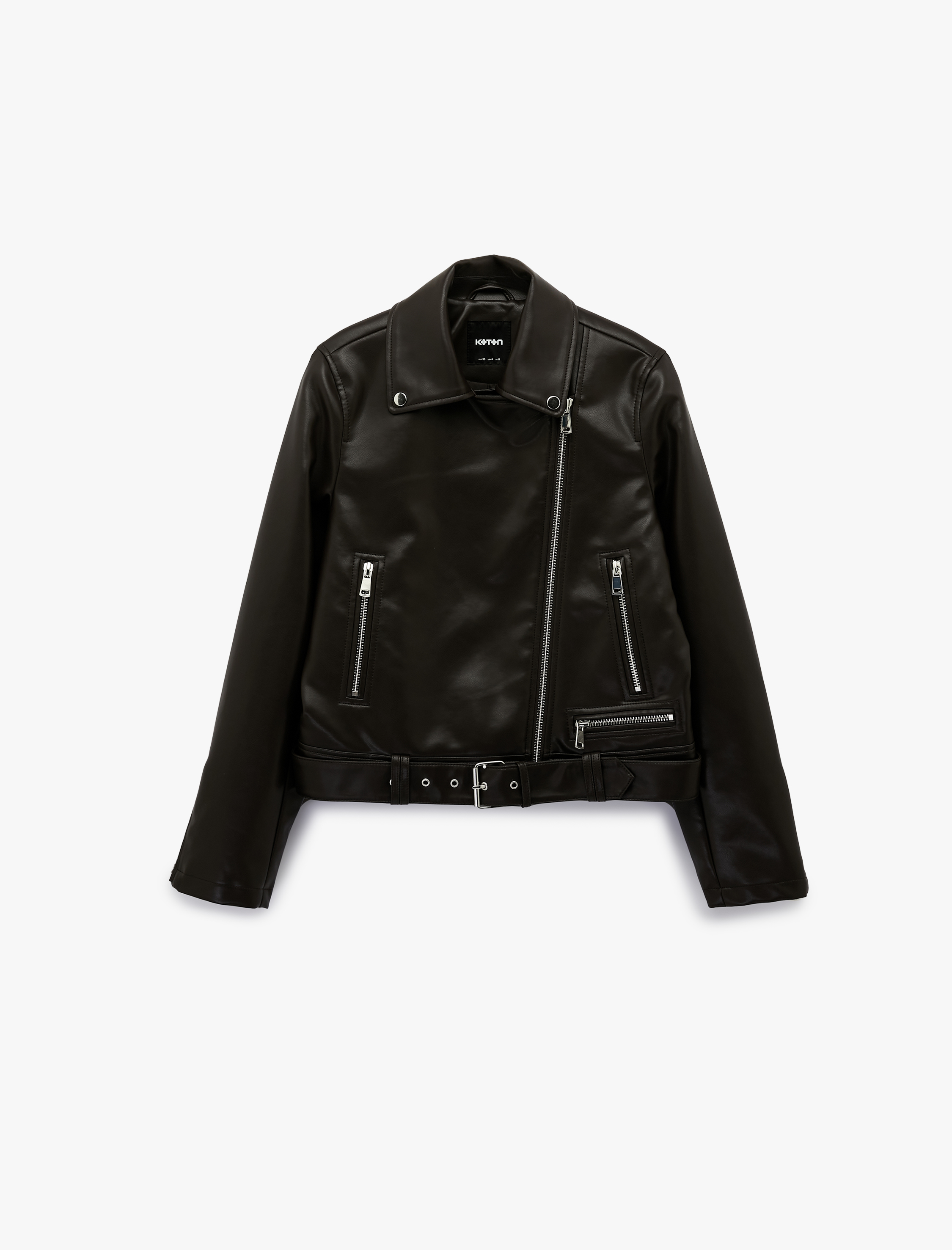   Uzun Kollu Fermuar Detaylı Suni Deri Crop Biker Ceket