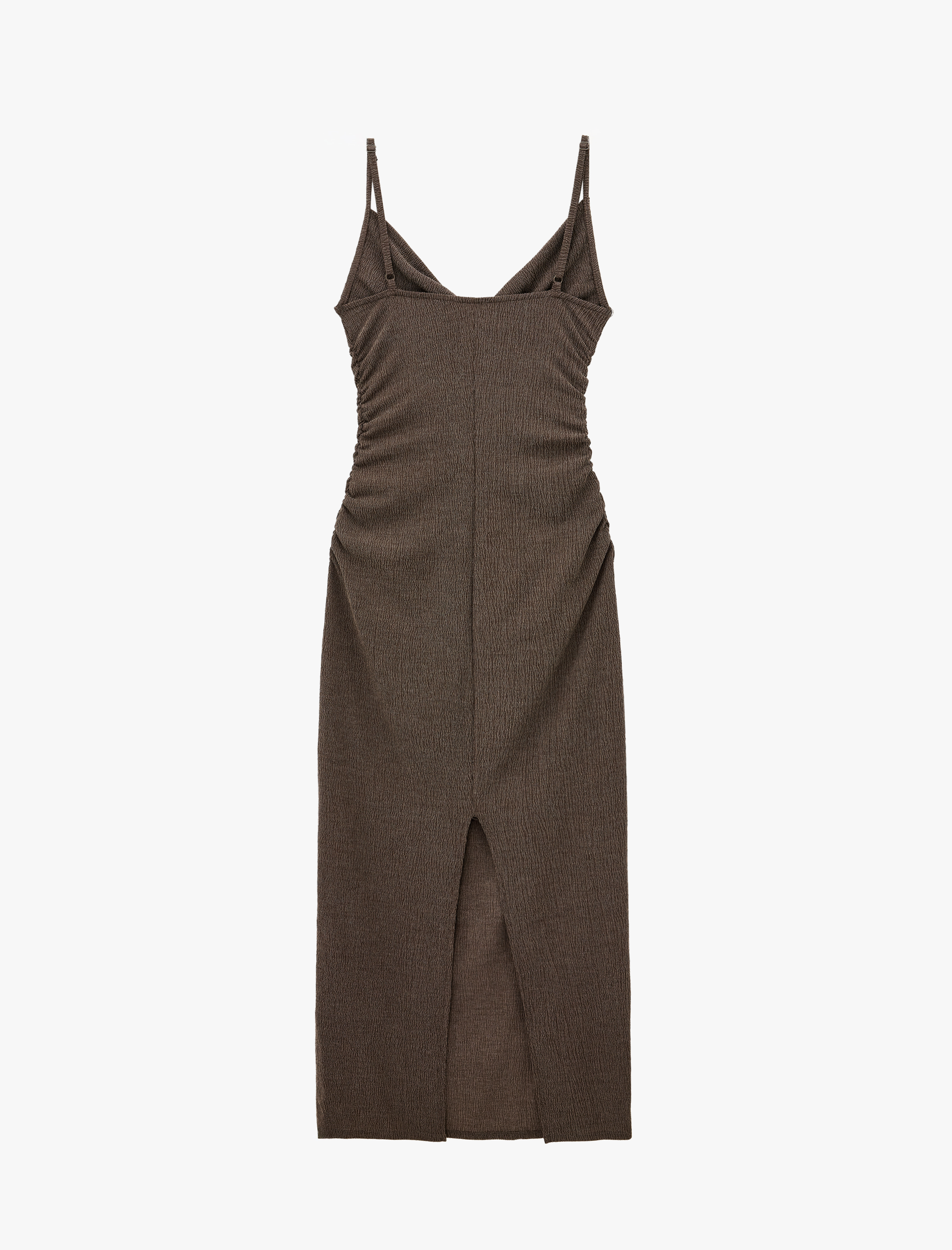   Bürümcük Kumaş Dokulu Slim Fit Drapeli Yırtmaçlı İnce Askılı Midi Kalem Elbise