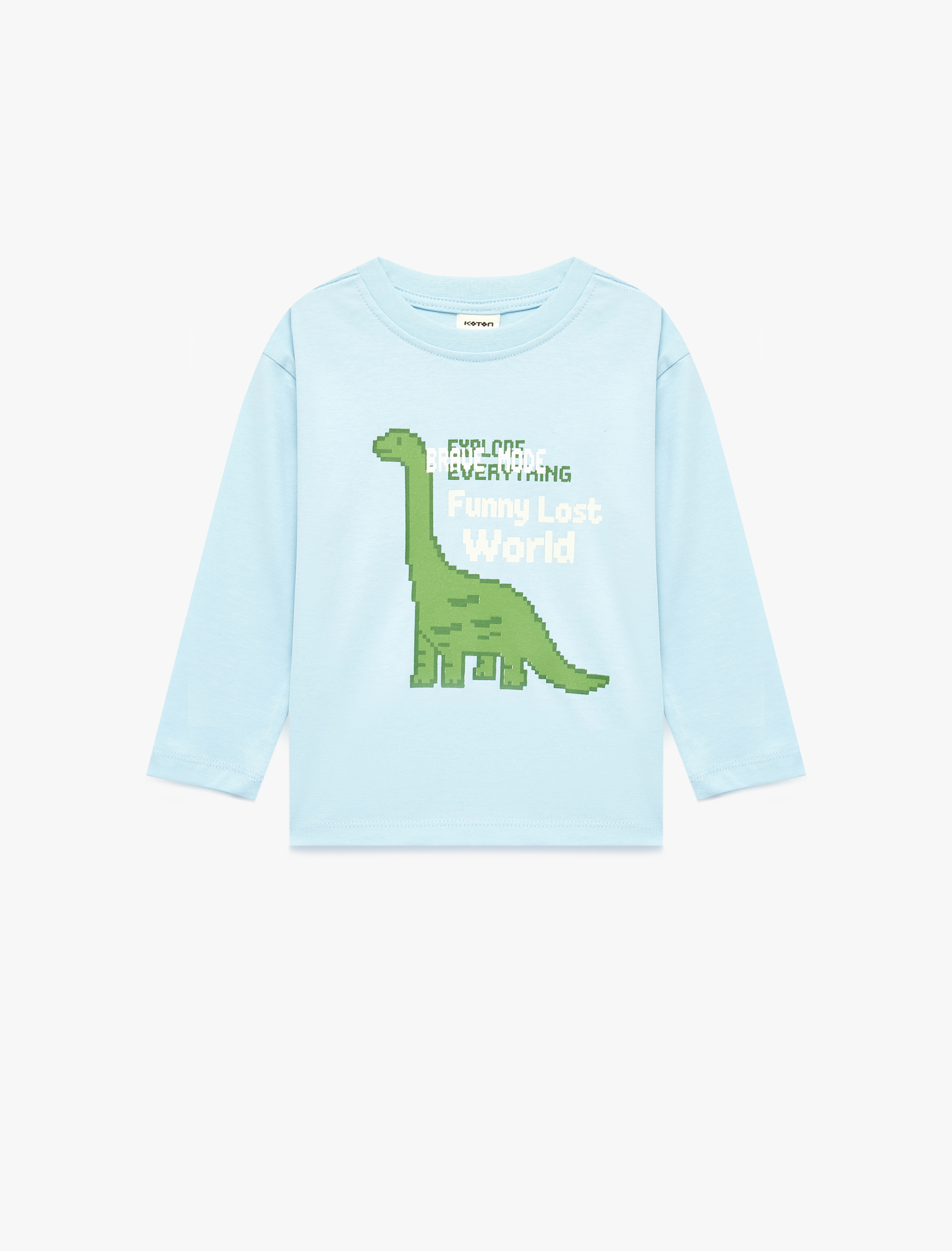  Erkek Bebek Uzun Kollu Bisiklet Yaka Dinozor Baskılı Pamuklu Tişört