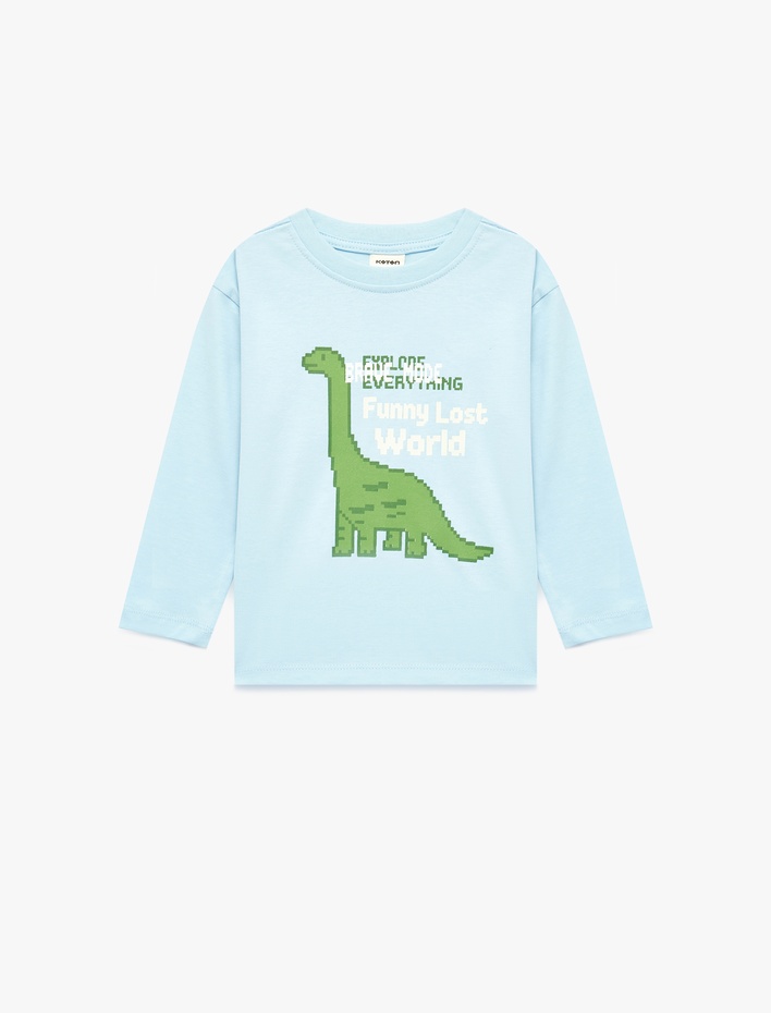 Erkek Bebek Uzun Kollu Bisiklet Yaka Dinozor Baskılı Pamuklu Tişört