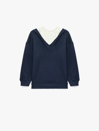 V Yaka Uzun Kollu Pamuklu Şardonlu Sweatshirt