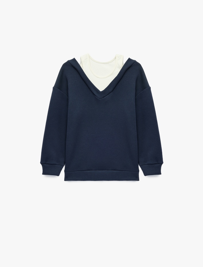 Kız Çocuk V Yaka Uzun Kollu Pamuklu Şardonlu Sweatshirt