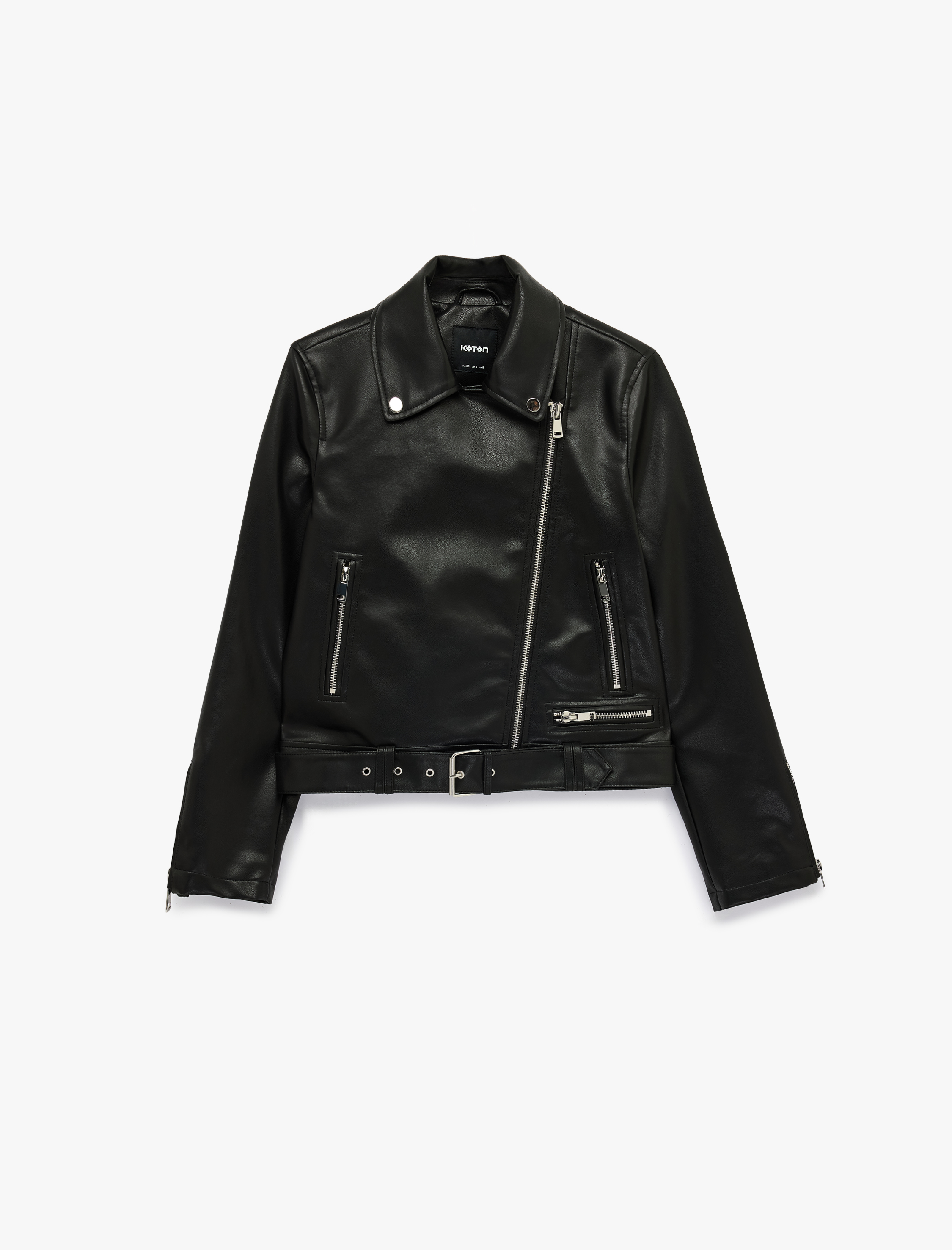   Uzun Kollu Fermuar Detaylı Suni Deri Crop Biker Ceket
