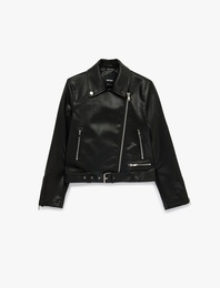 Uzun Kollu Fermuar Detaylı Suni Deri Crop Biker Ceket