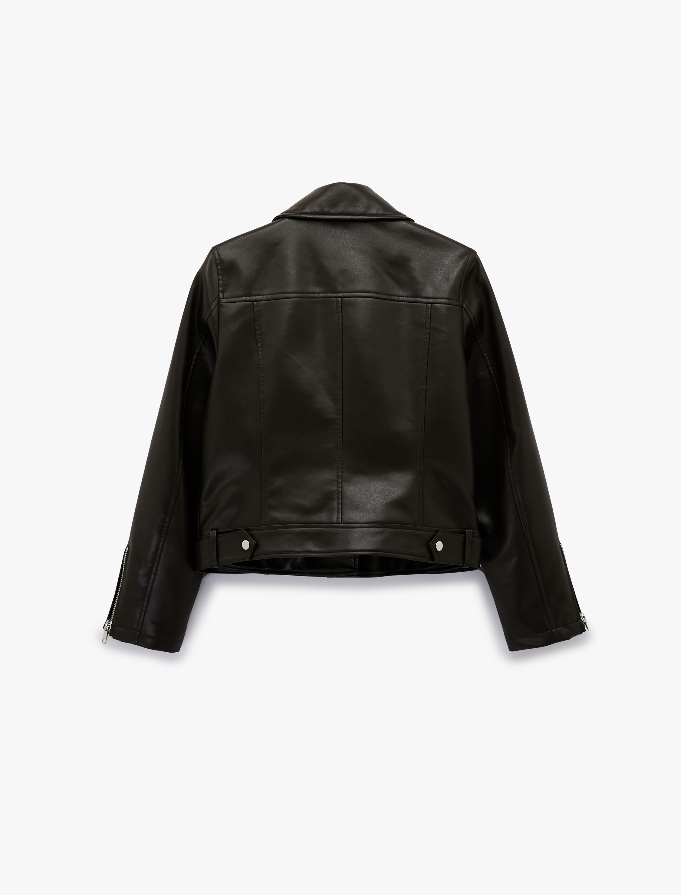   Uzun Kollu Fermuar Detaylı Suni Deri Crop Biker Ceket