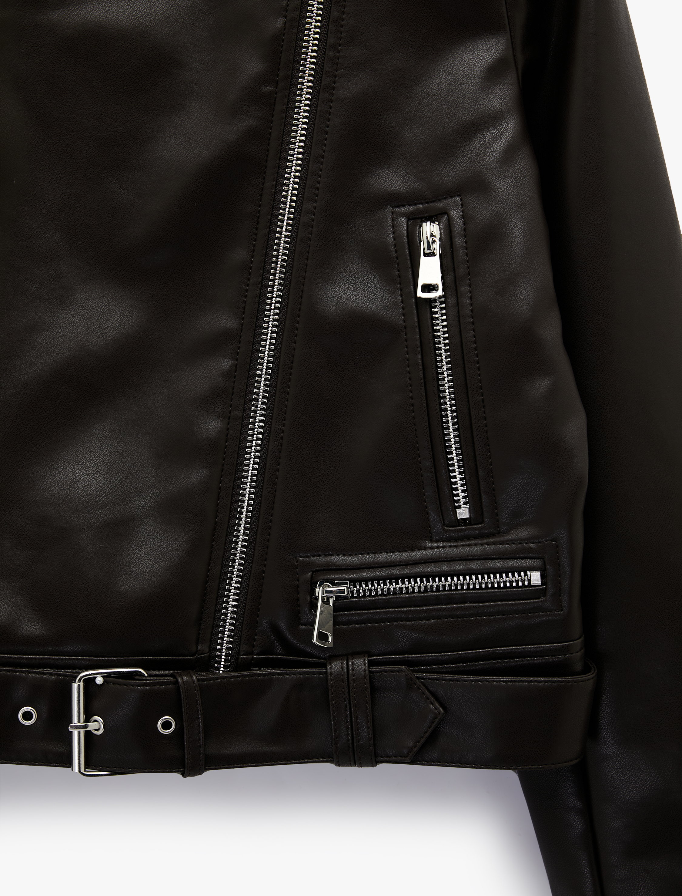   Uzun Kollu Fermuar Detaylı Suni Deri Crop Biker Ceket