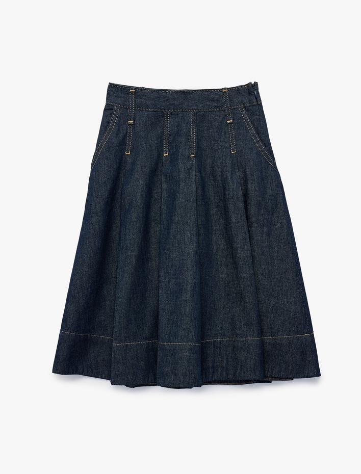 Kız Çocuk Pamuklu A Kesim Pileli Midi Denim Etek