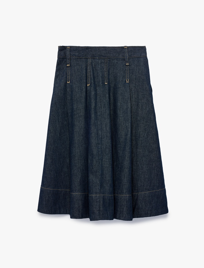 Kız Çocuk Pamuklu A Kesim Pileli Midi Denim Etek