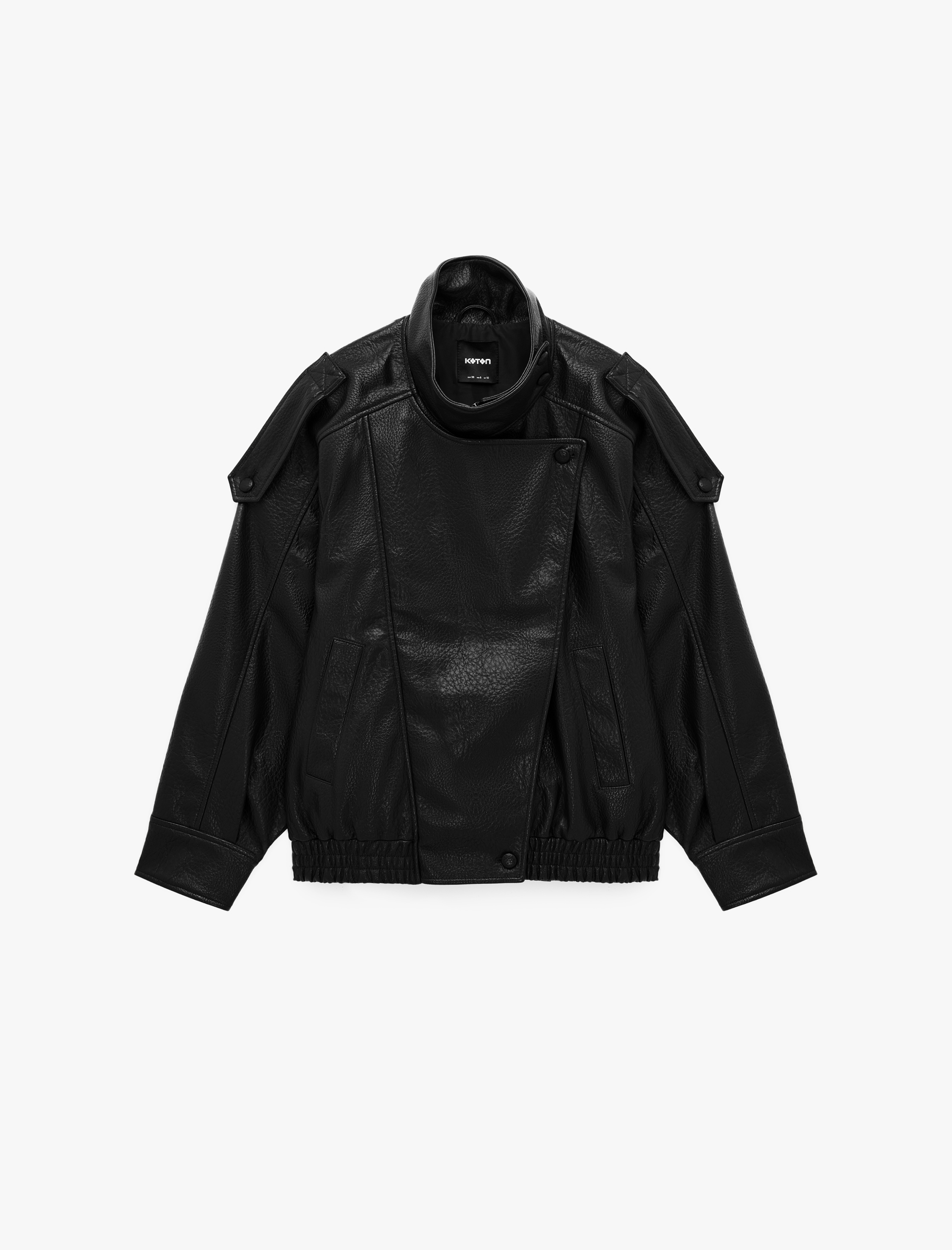   Uzun Kollu Fermuarlı Dik Yaka Kruvaze Oversize Suni Deri Vintage Ceket