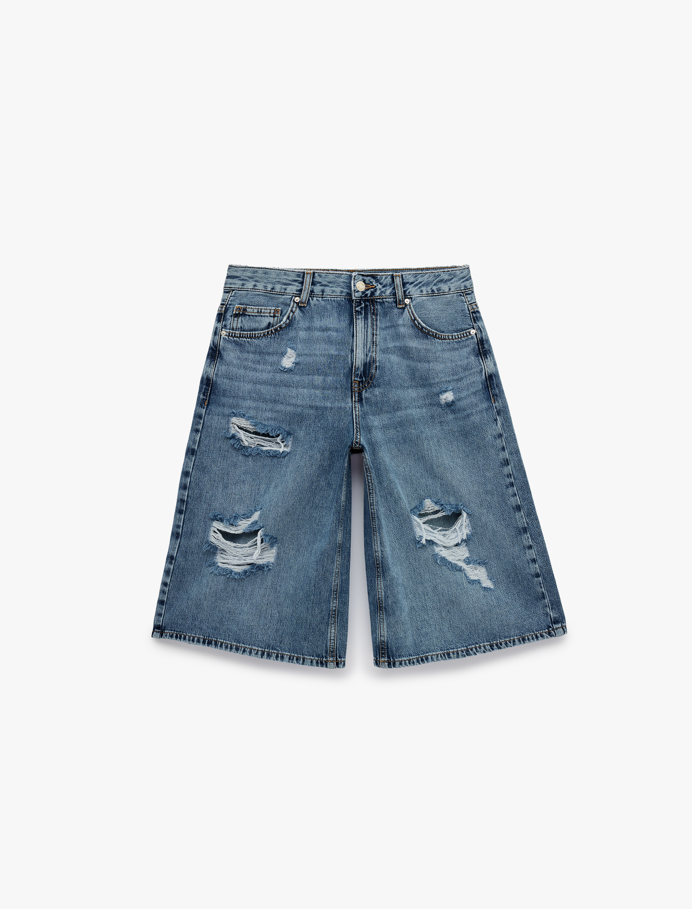   Yıpratma Detaylı Düğmeli Cepli Pamuklu Denim Bermuda Jort Şort