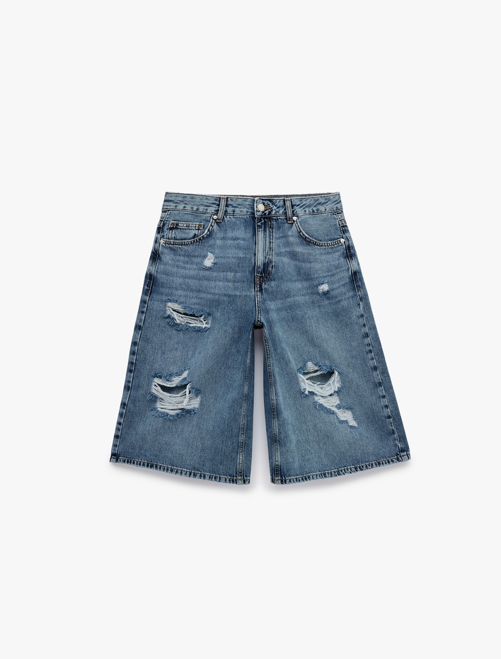  Yıpratma Detaylı Düğmeli Cepli Pamuklu Denim Bermuda Jort Şort