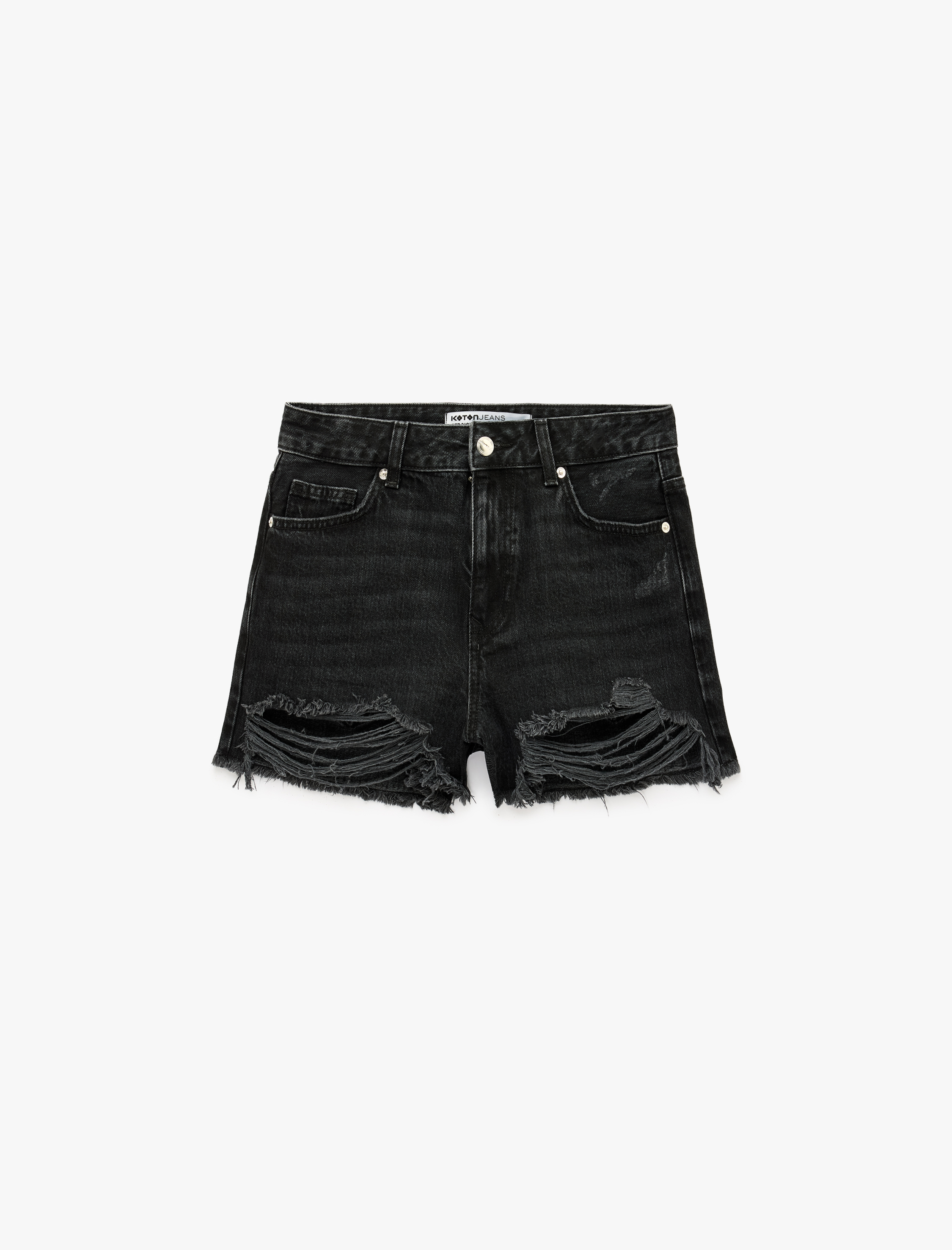   Yıpratma Detaylı Pamuklu Cepli Düğmeli Mini Denim Şort
