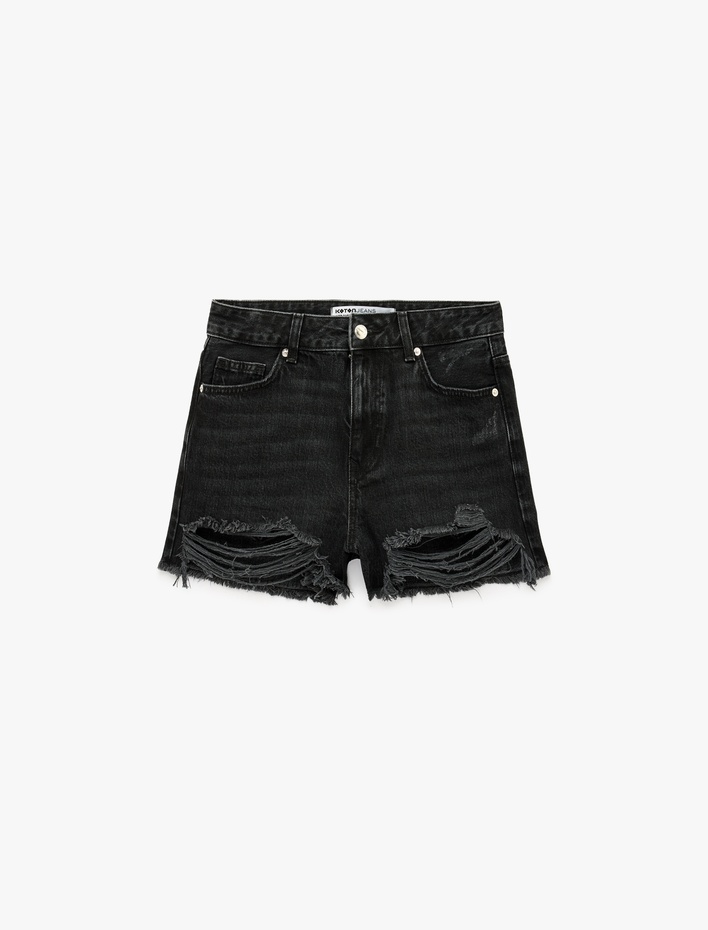 Yıpratma Detaylı Pamuklu Cepli Düğmeli Mini Denim Şort