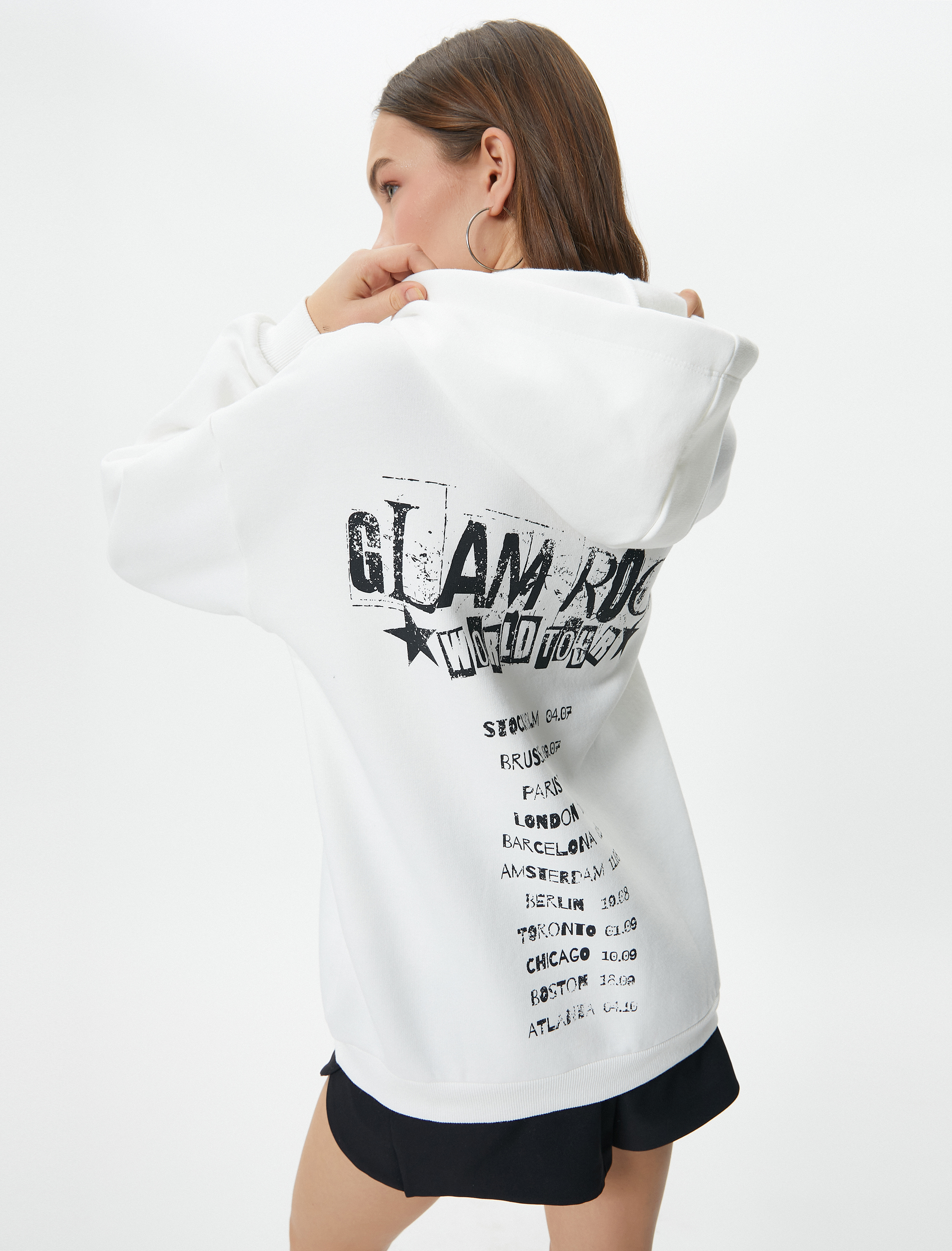   Rahat Kalıp Arkası Baskılı Şardonlu Kapüşonlu Sweatshirt