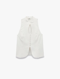Keten Görünümlü Slim Fit Düğmeli Qipao Dik Yaka Yelek