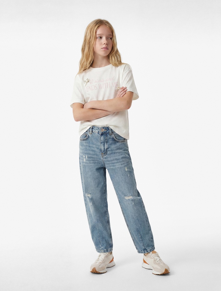 Kız Çocuk Yüksek Bel Pamuklu Balon Kesim Denim Pantolon