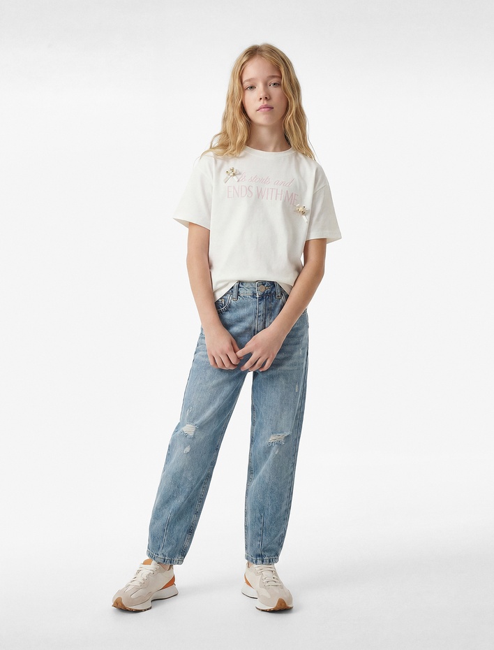 Kız Çocuk Yüksek Bel Pamuklu Balon Kesim Denim Pantolon