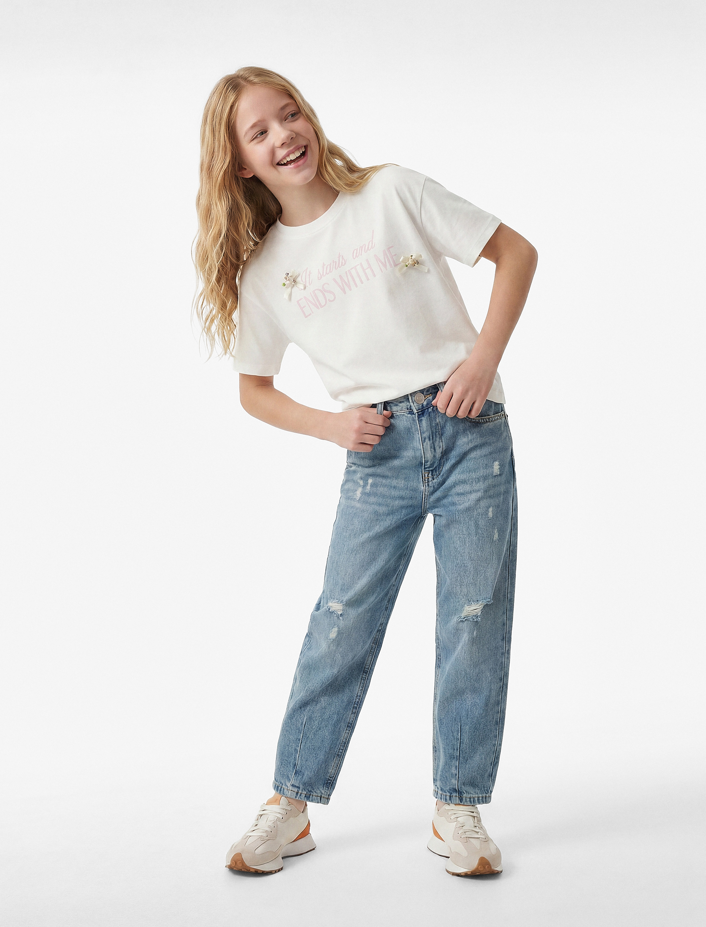  Kız Çocuk Yüksek Bel Pamuklu Balon Kesim Denim Pantolon