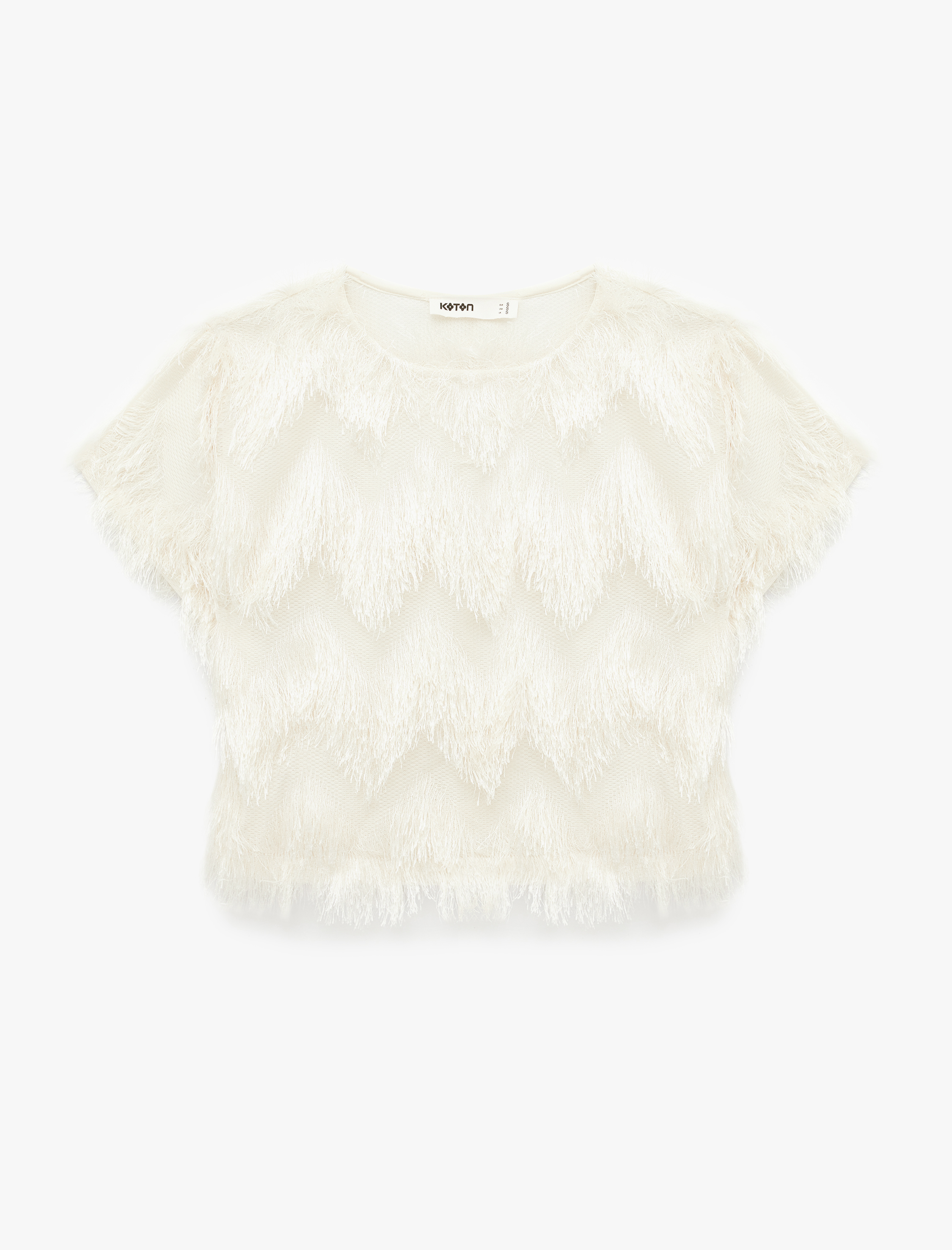Koton Kısa Kollu Bisiklet Yaka Püsküllü Crop Bluz görsel 2