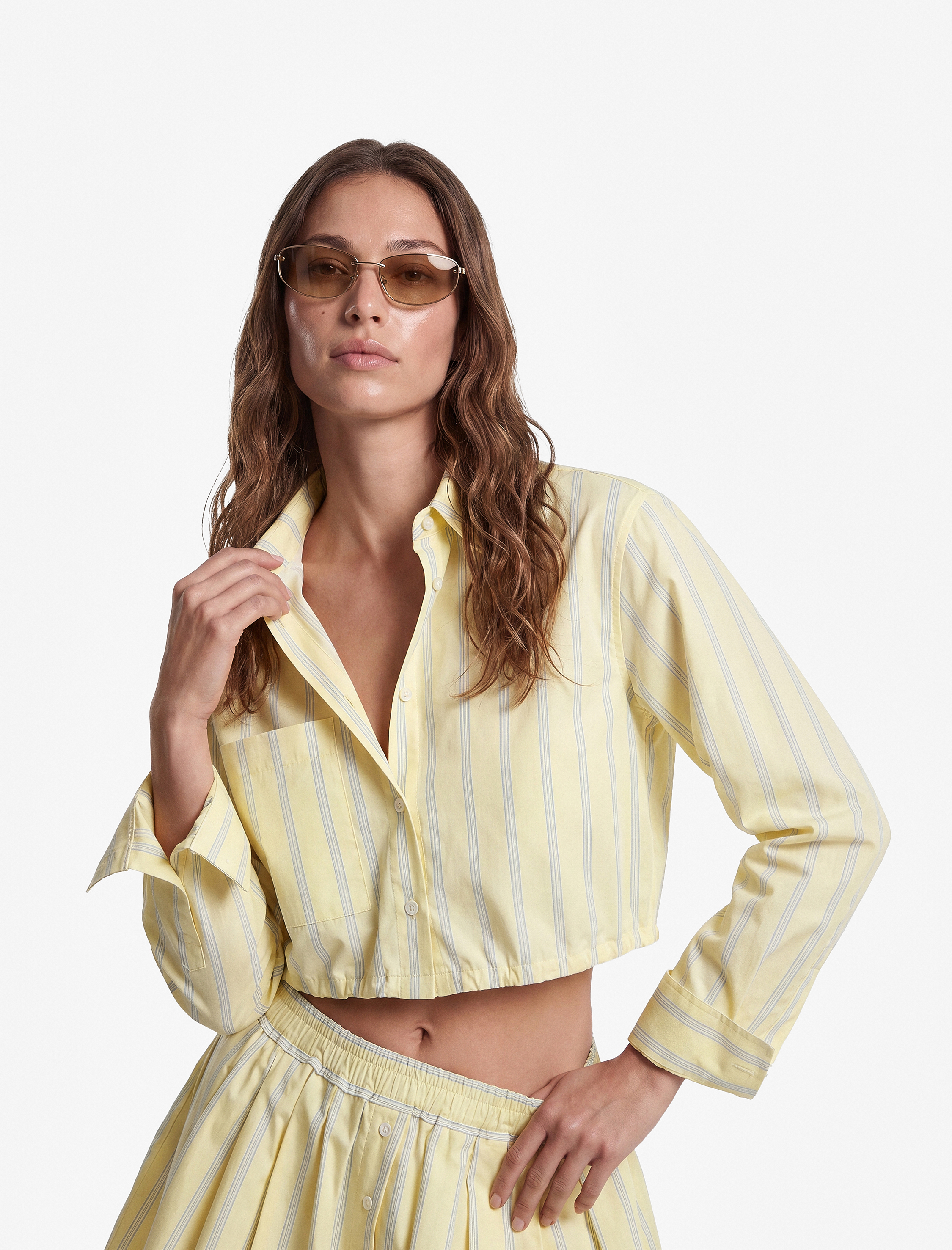   Koton X Sibil Çetinkaya - Pamuklu Uzun Kollu Cepli Bağlamalı Çizgili Crop Gömlek