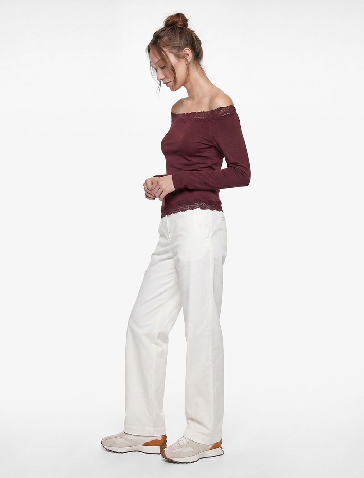  Pamuklu Bağlama Detaylı Uzun Düz Paça Düşük Bel Pantolon - Longer Straight Jeans