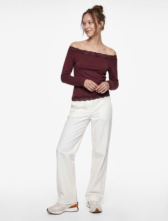  Pamuklu Bağlama Detaylı Uzun Düz Paça Düşük Bel Pantolon - Longer Straight Jeans